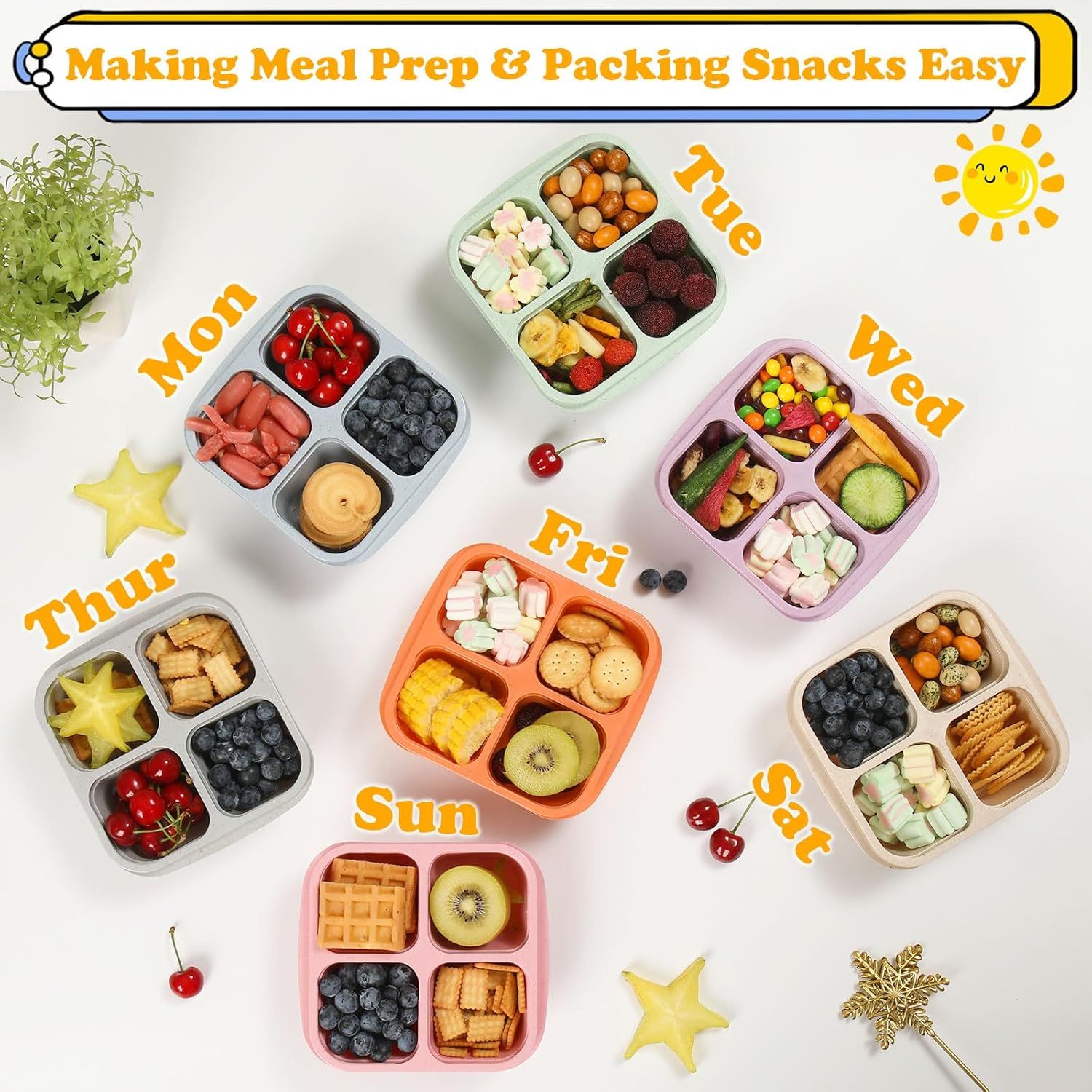 4-Pack Wheat Straw Bento Snack Boxes, 4-Compartment Reusable Lunch Containers for Kids & Adults, BPA-Free Portion Control, Microwave & Freezer Safe (Multicolor) - Image 2