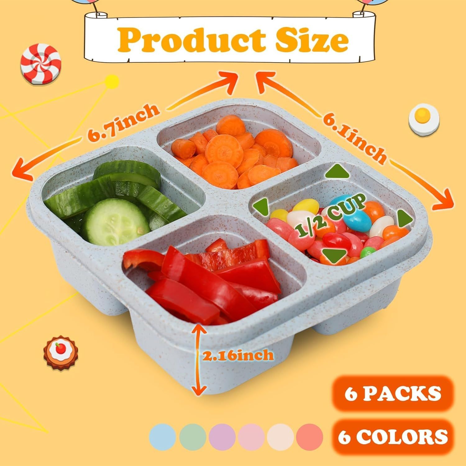 4-Pack Wheat Straw Bento Snack Boxes, 4-Compartment Reusable Lunch Containers for Kids & Adults, BPA-Free Portion Control, Microwave & Freezer Safe (Multicolor) - Image 3