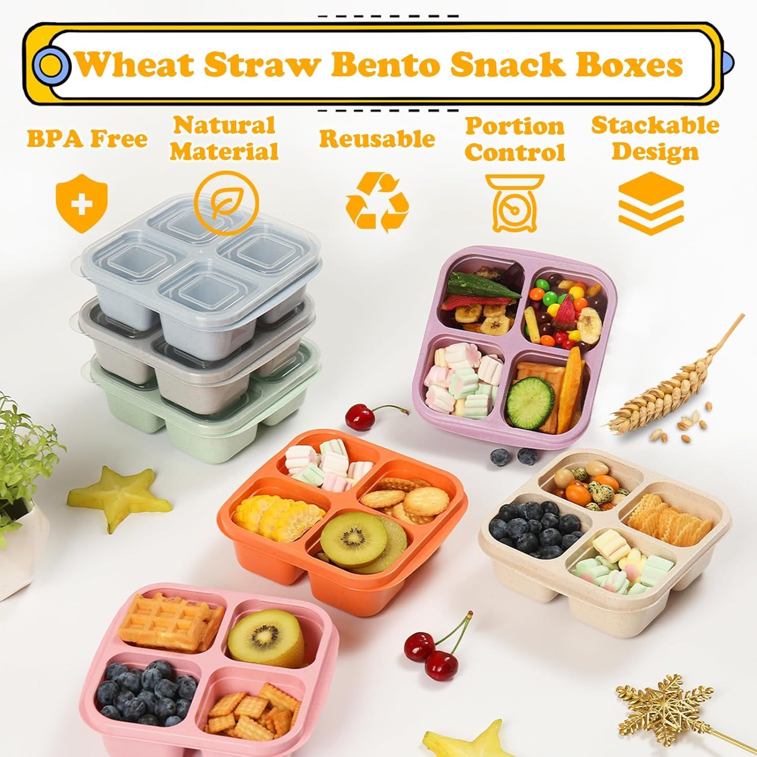 4-Pack Wheat Straw Bento Snack Boxes, 4-Compartment Reusable Lunch Containers for Kids & Adults, BPA-Free Portion Control, Microwave & Freezer Safe (Multicolor) - Image 4