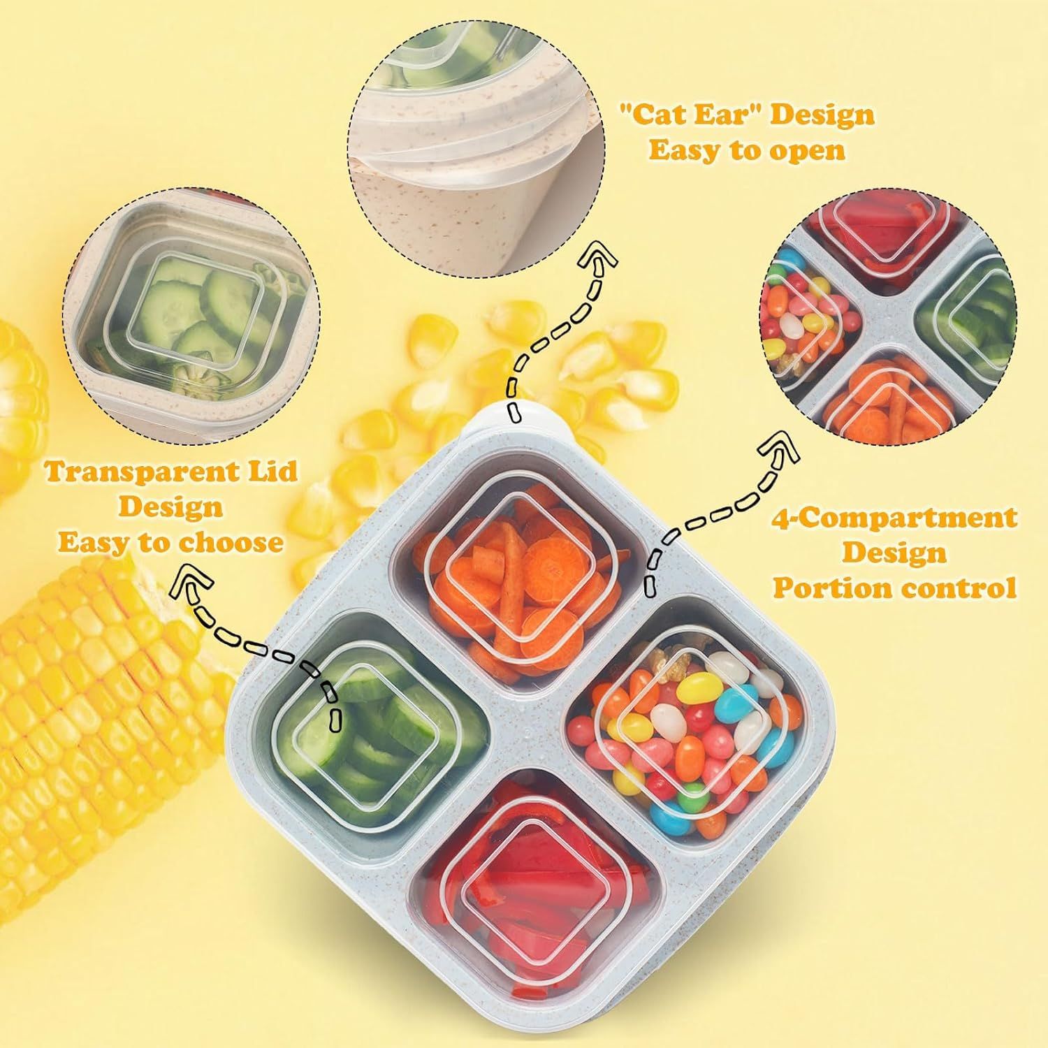 4-Pack Wheat Straw Bento Snack Boxes, 4-Compartment Reusable Lunch Containers for Kids & Adults, BPA-Free Portion Control, Microwave & Freezer Safe (Multicolor) - Image 5