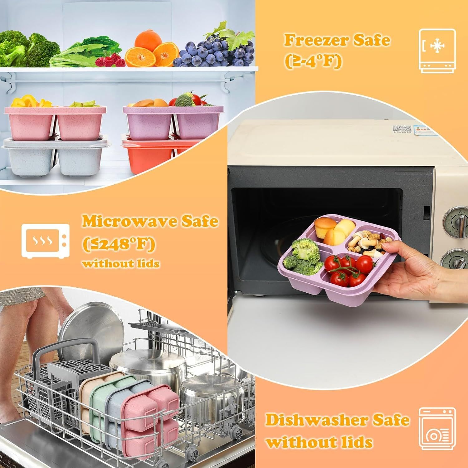 4-Pack Wheat Straw Bento Snack Boxes, 4-Compartment Reusable Lunch Containers for Kids & Adults, BPA-Free Portion Control, Microwave & Freezer Safe (Multicolor) - Image 6