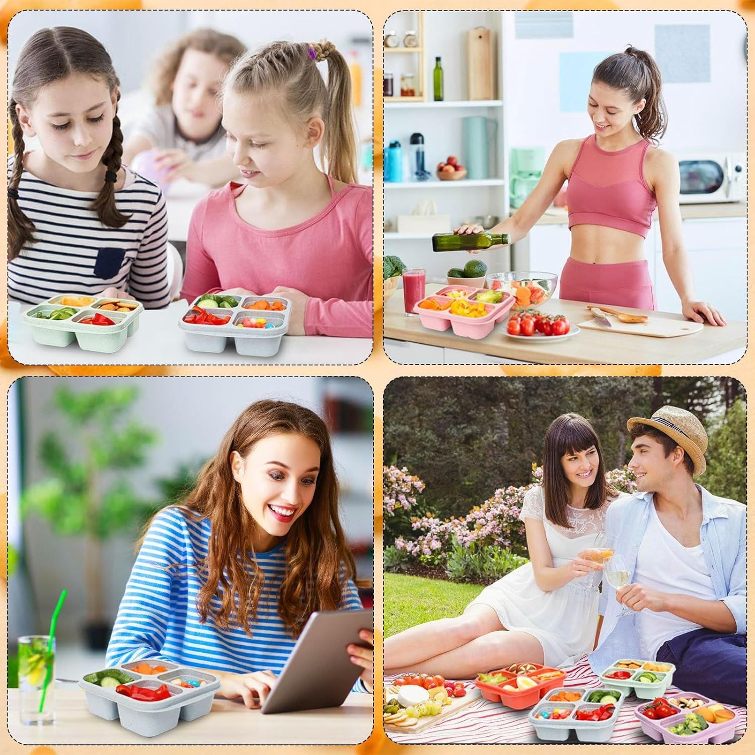 4-Pack Wheat Straw Bento Snack Boxes, 4-Compartment Reusable Lunch Containers for Kids & Adults, BPA-Free Portion Control, Microwave & Freezer Safe (Multicolor) - Image 7