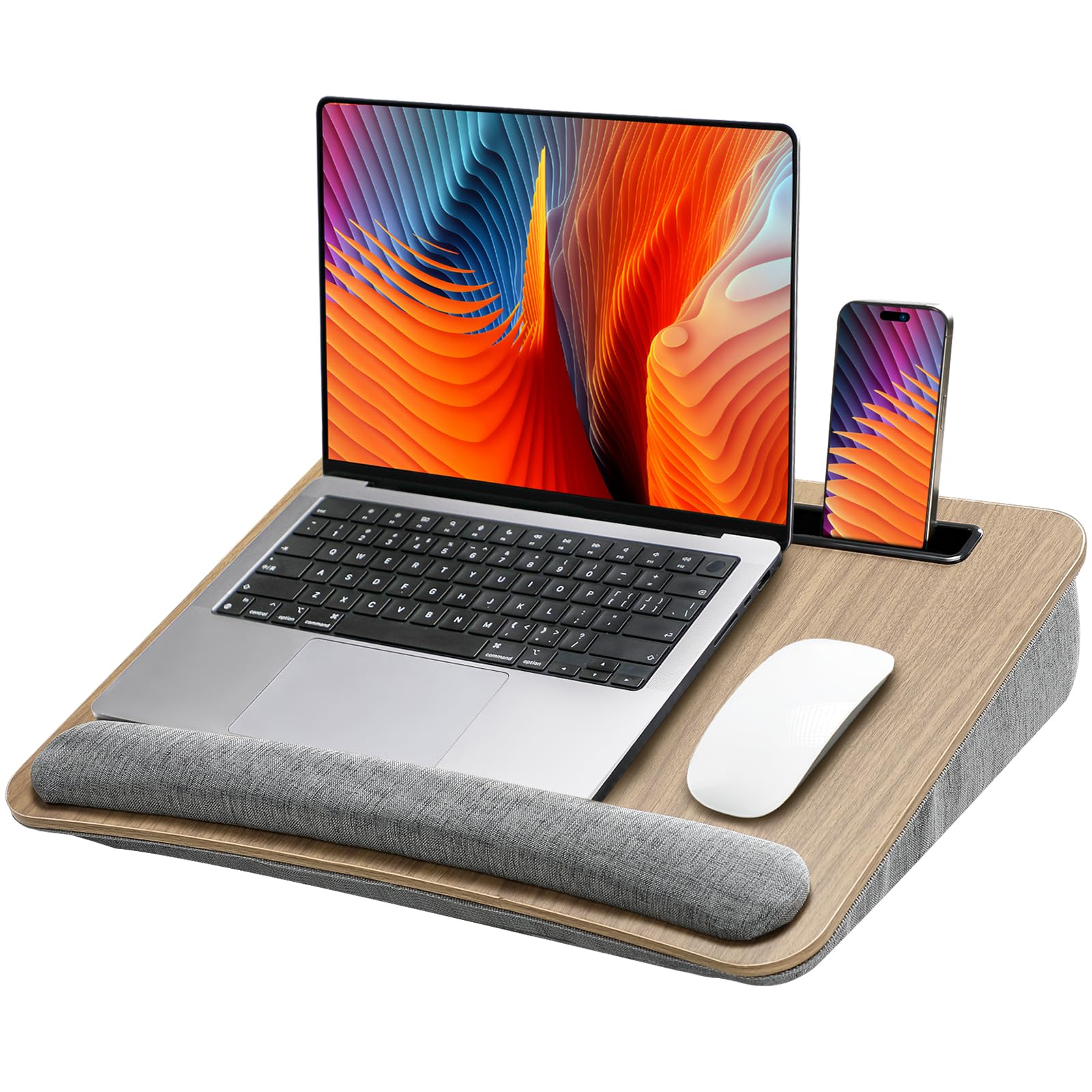 Portable Lap Desk for Students, Remote Workers & Readers – Laptop Table with Wrist Rest, Storage Pockets, Fits up to 15.6 inch Laptop for Bed, Couch or Dorm Use (Wood Grain) - Image 1