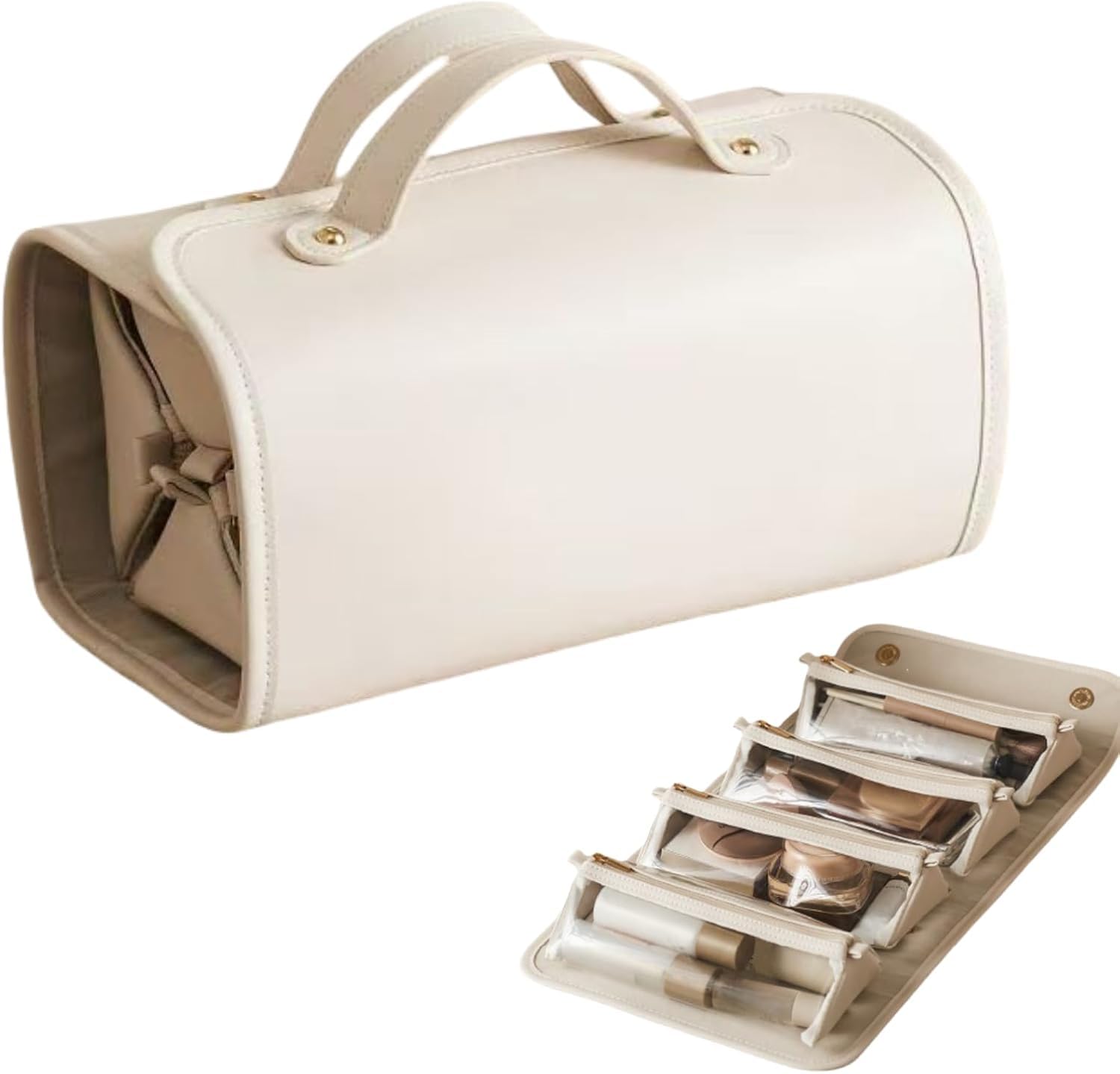 4-in-1 Expandable Makeup Bag with Removable Pockets – Waterproof Travel Cosmetic Organizer for Women, Large Capacity Vanity Case with Hanging Design (White) - Image 1