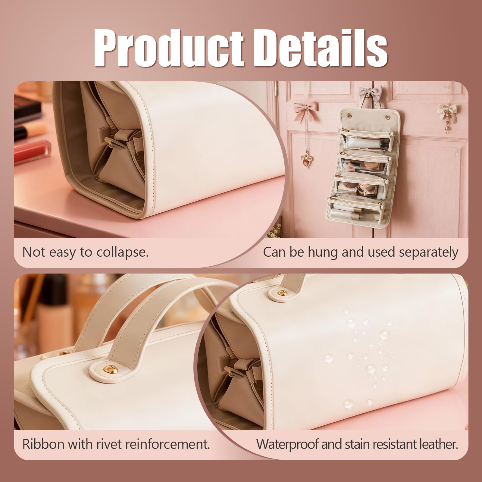 4-in-1 Expandable Makeup Bag with Removable Pockets – Waterproof Travel Cosmetic Organizer for Women, Large Capacity Vanity Case with Hanging Design (White) - Image 4