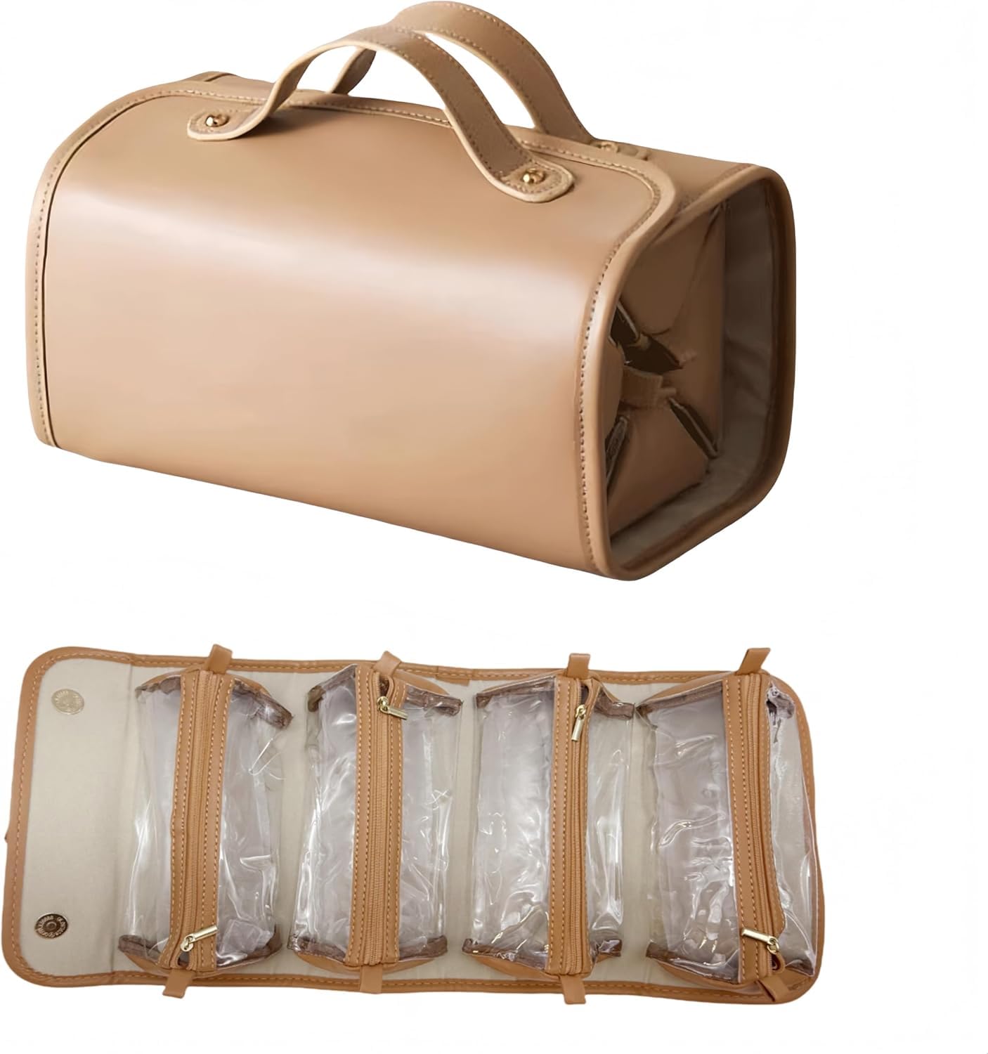 4-in-1 Expandable Makeup Bag with Removable Pockets – Waterproof Travel Cosmetic Organizer for Women, Large Capacity Vanity Case with Hanging Design (Brown) - Image 1
