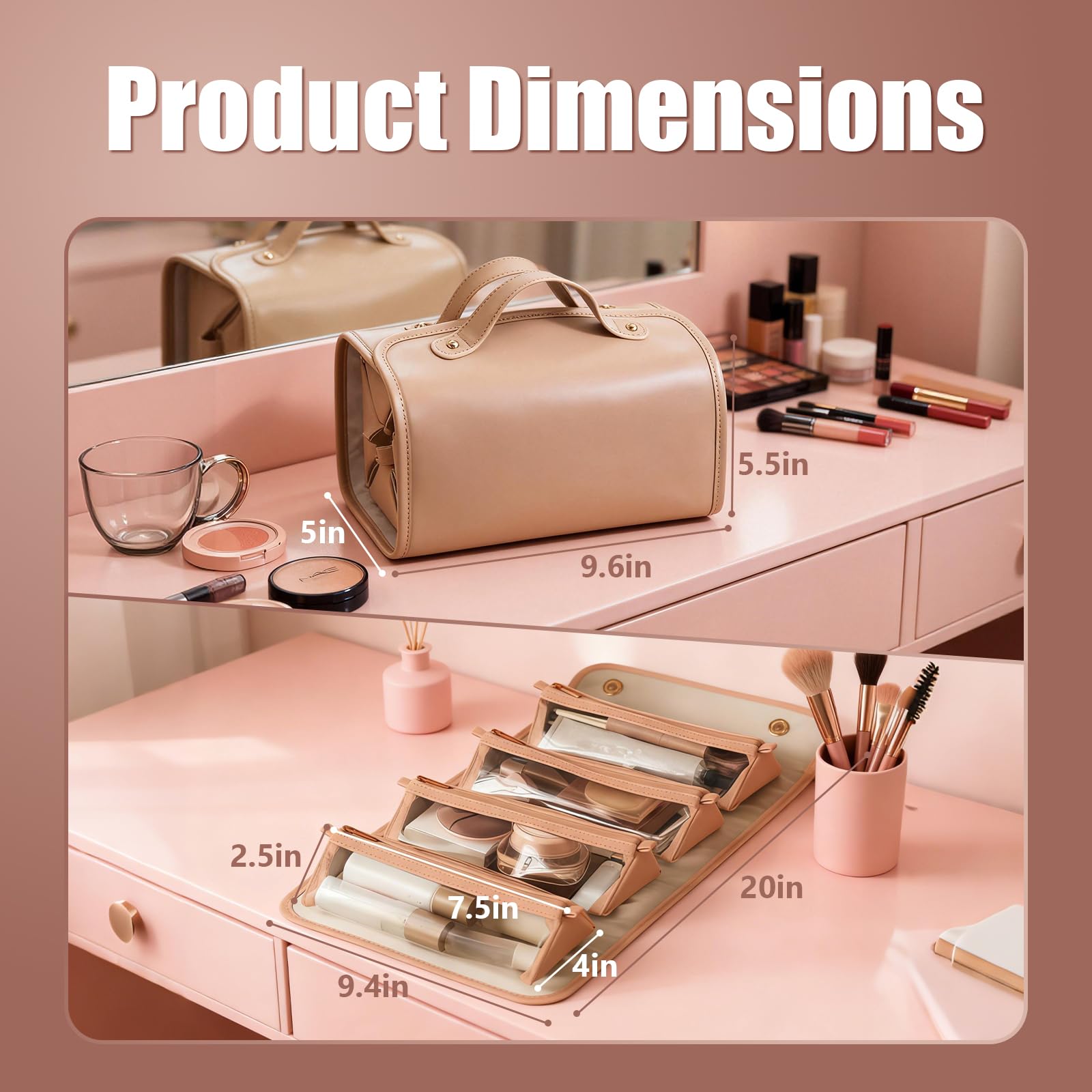 4-in-1 Expandable Makeup Bag with Removable Pockets – Waterproof Travel Cosmetic Organizer for Women, Large Capacity Vanity Case with Hanging Design (Brown) - Image 2