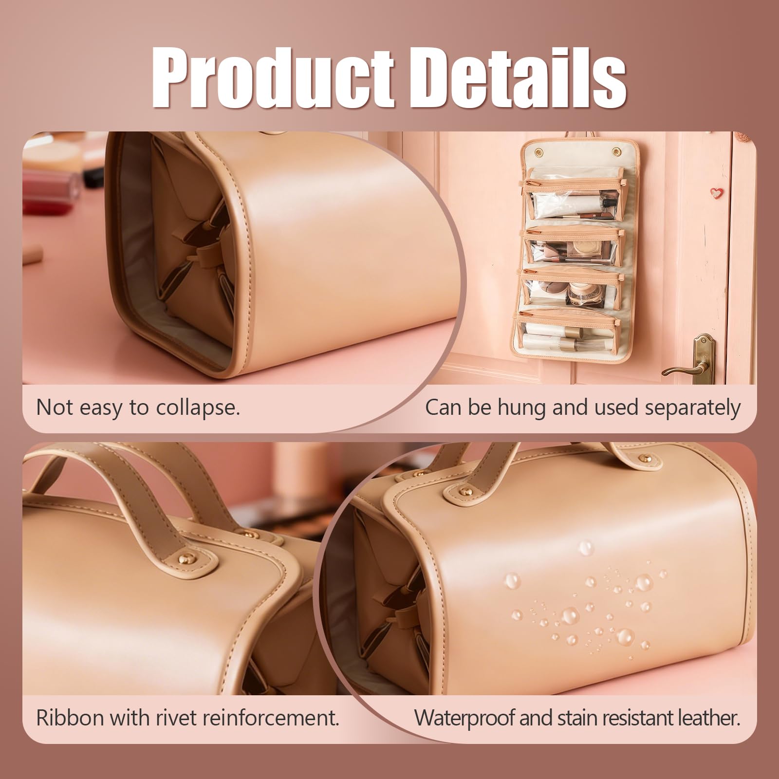 4-in-1 Expandable Makeup Bag with Removable Pockets – Waterproof Travel Cosmetic Organizer for Women, Large Capacity Vanity Case with Hanging Design (Brown) - Image 4
