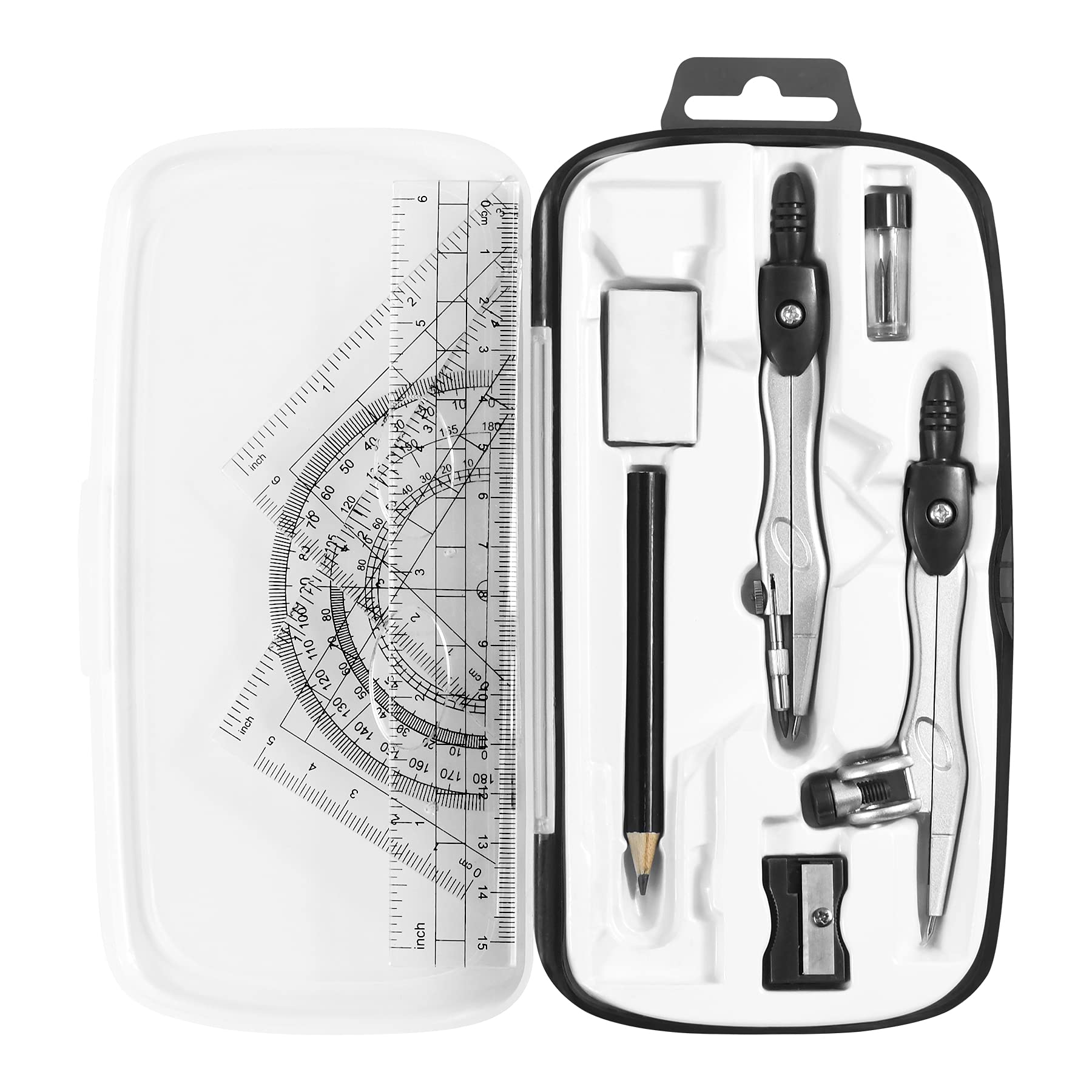 Complete 10-Piece Geometry Kit Set – Precision Drafting Tools with Metal Compasses, Rulers, Protractor & Pencil Sharpener – Ideal for Students, Engineers & Artists (Black) - Image 1