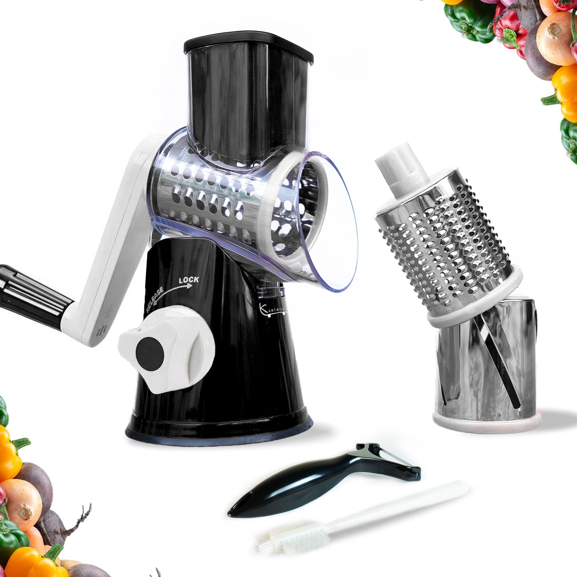 Manual Rotary Food Slicer & Grater with 3 Stainless Steel Drums – Suction Base Vegetable Shredder for Cheese, Potatoes & More (Black) - Image 1