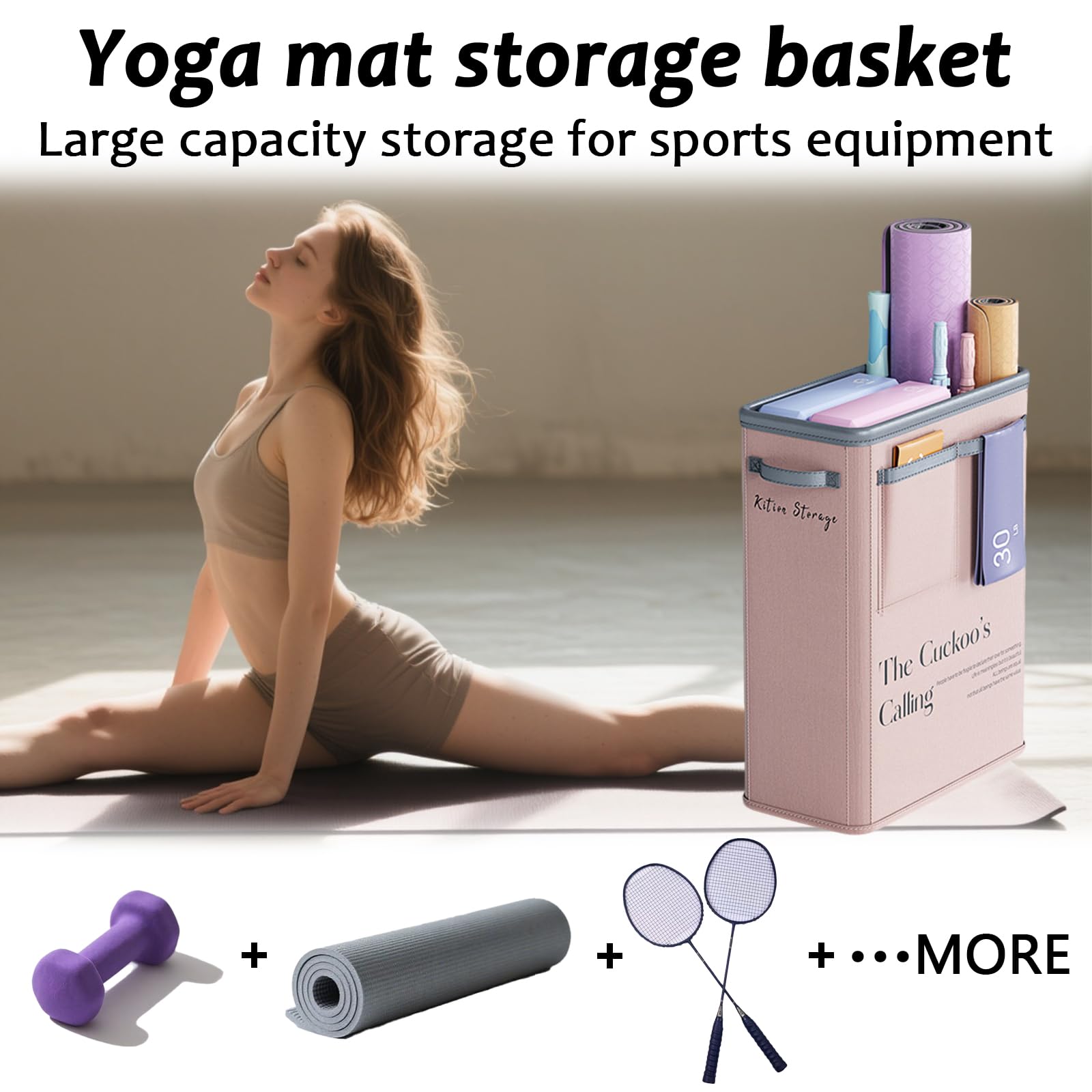 Large Capacity Foldable Yoga Mat Storage Basket – Waterproof Fabric Organizer for Gym Equipment, Dumbbells, Foam Rollers, and Mats with Side Pockets and Handle (Beige) - Image 4