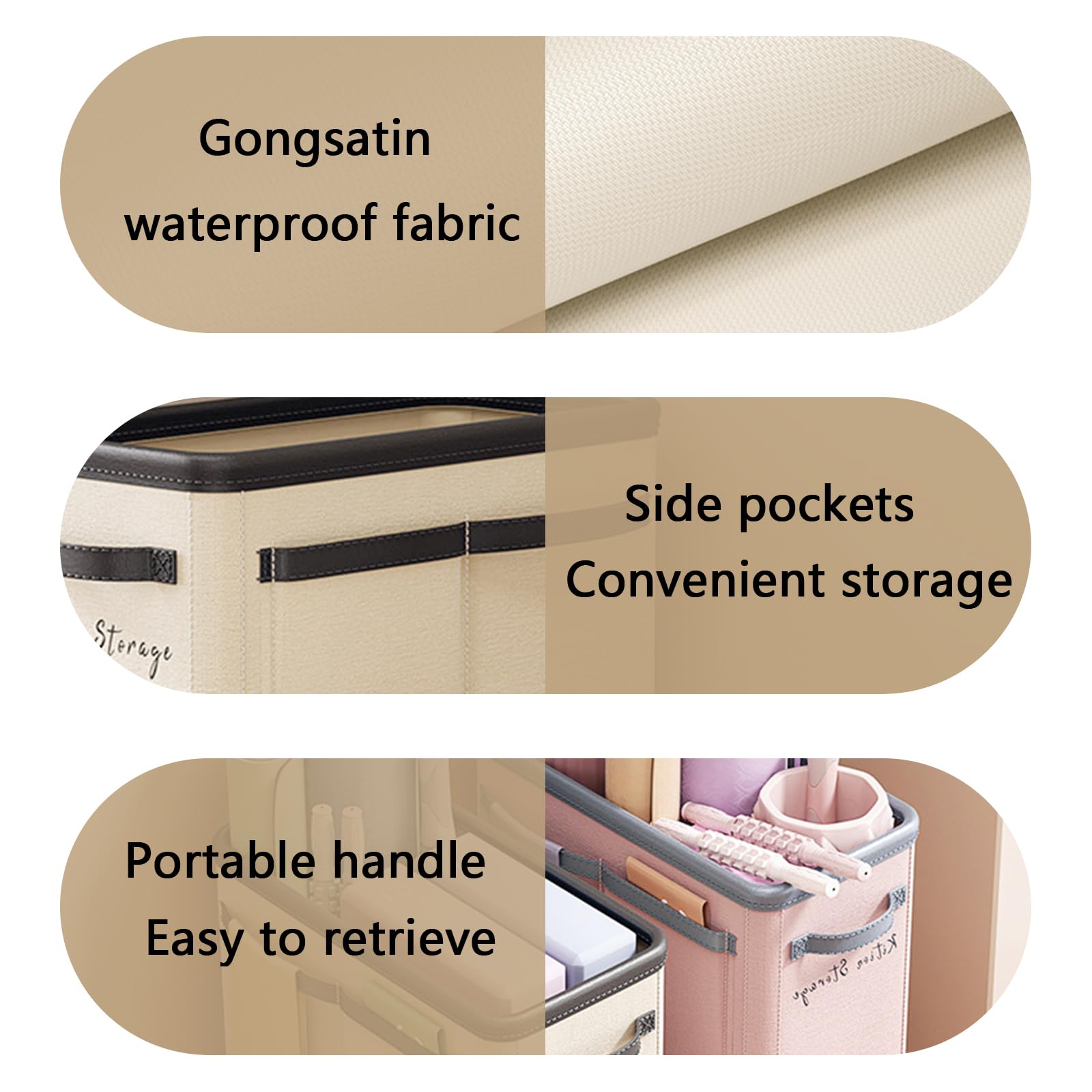 Large Capacity Foldable Yoga Mat Storage Basket – Waterproof Fabric Organizer for Gym Equipment, Dumbbells, Foam Rollers, and Mats with Side Pockets and Handle (Beige) - Image 5