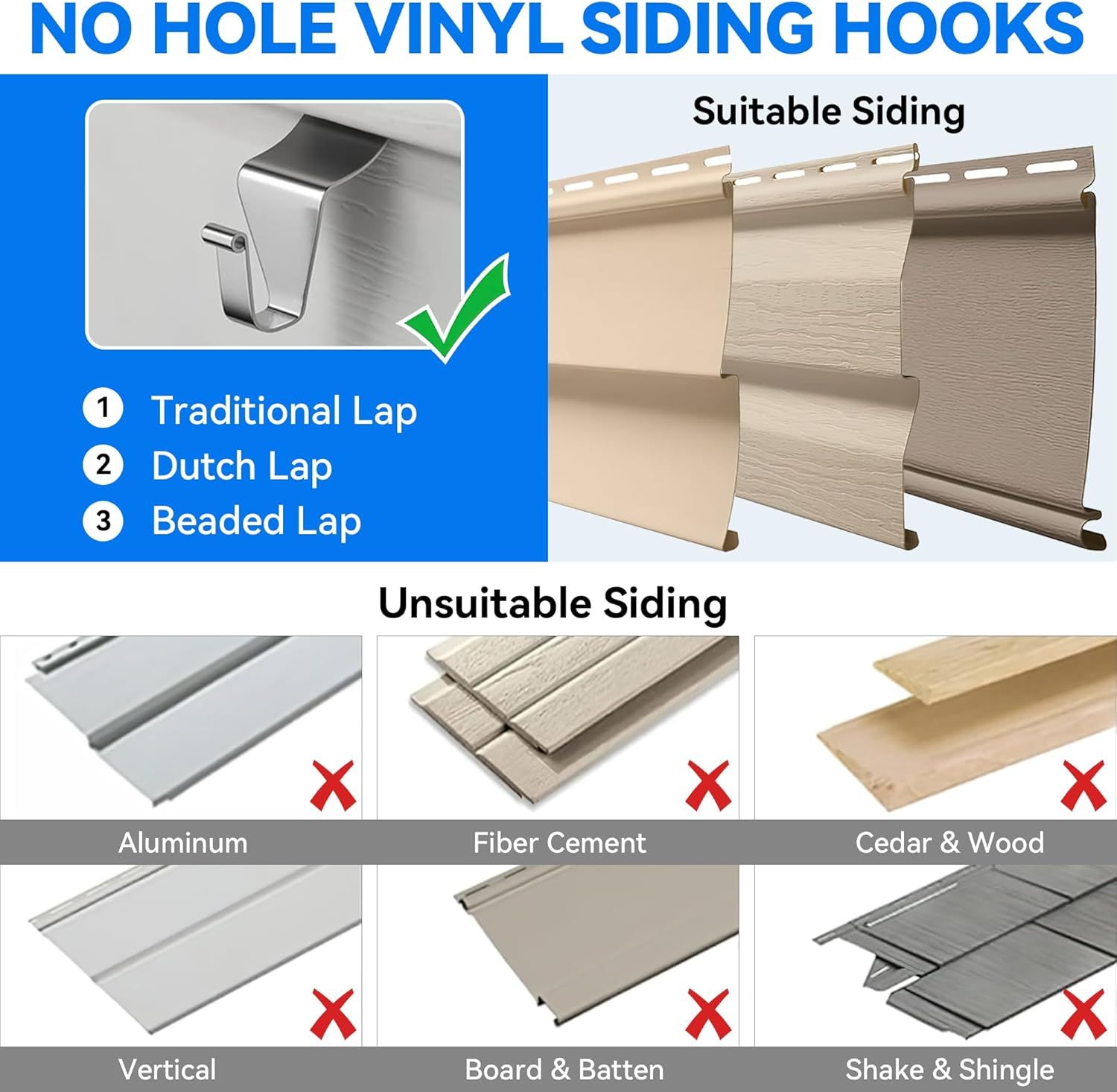 12 Pack No Hole Vinyl Siding Hooks, Heavy Duty Stainless Steel Siding Hangers for Outdoor Decor, Easy Install Wall Mount Clips for Lights Wreaths (Silver) - Image 7