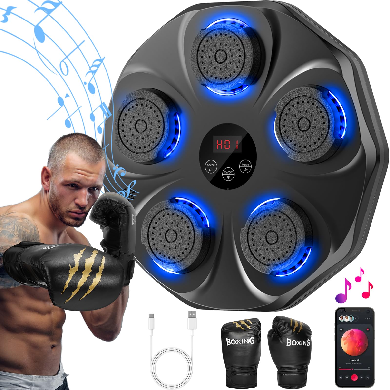 Smart Music Boxing Machine with LED Lights & Bluetooth – Wall-Mounted Interactive Punch Trainer, 9 Modes & 9 Speeds, Includes Gloves for Home Gym Workout (Black) - Image 1