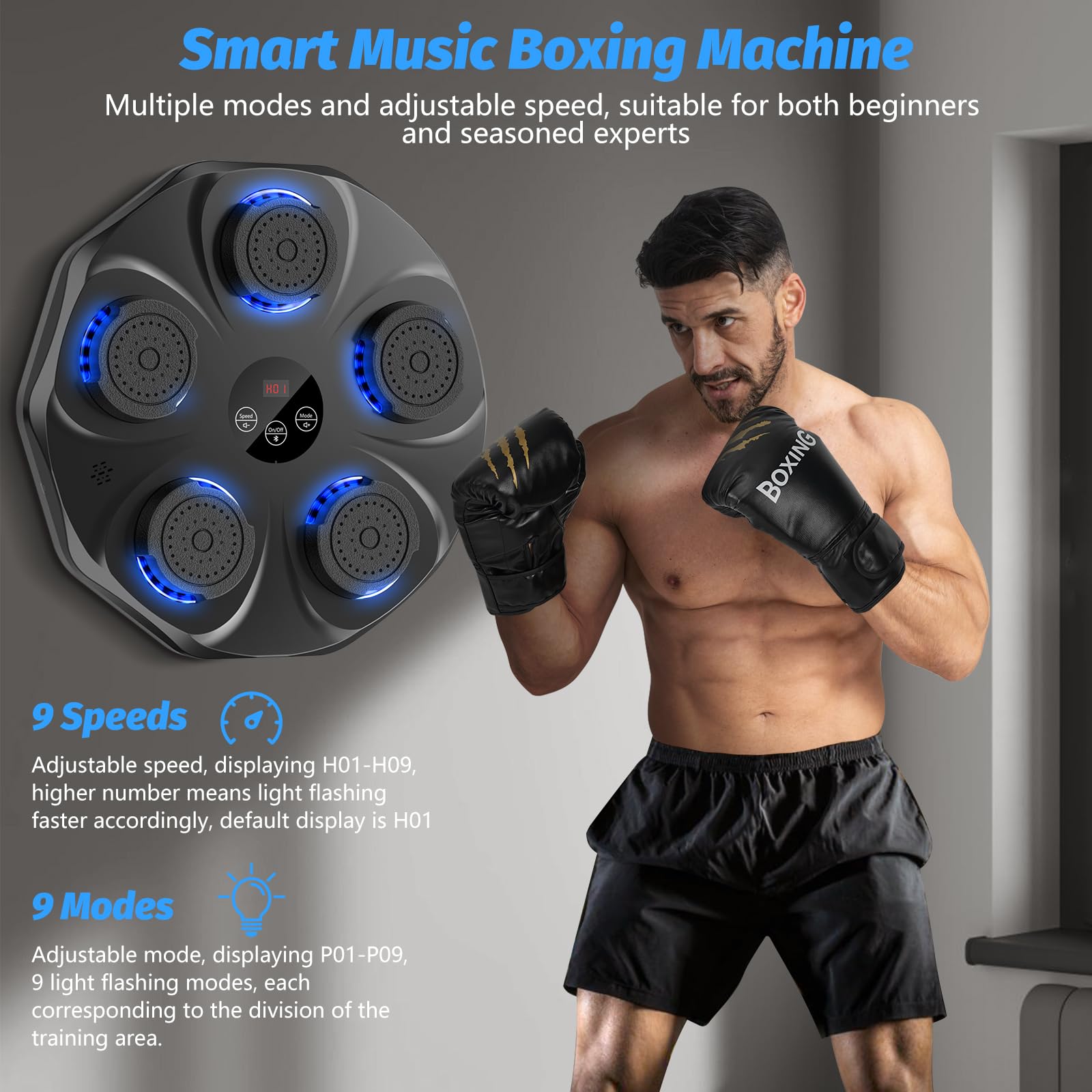 Smart Music Boxing Machine with LED Lights & Bluetooth – Wall-Mounted Interactive Punch Trainer, 9 Modes & 9 Speeds, Includes Gloves for Home Gym Workout (Black) - Image 2