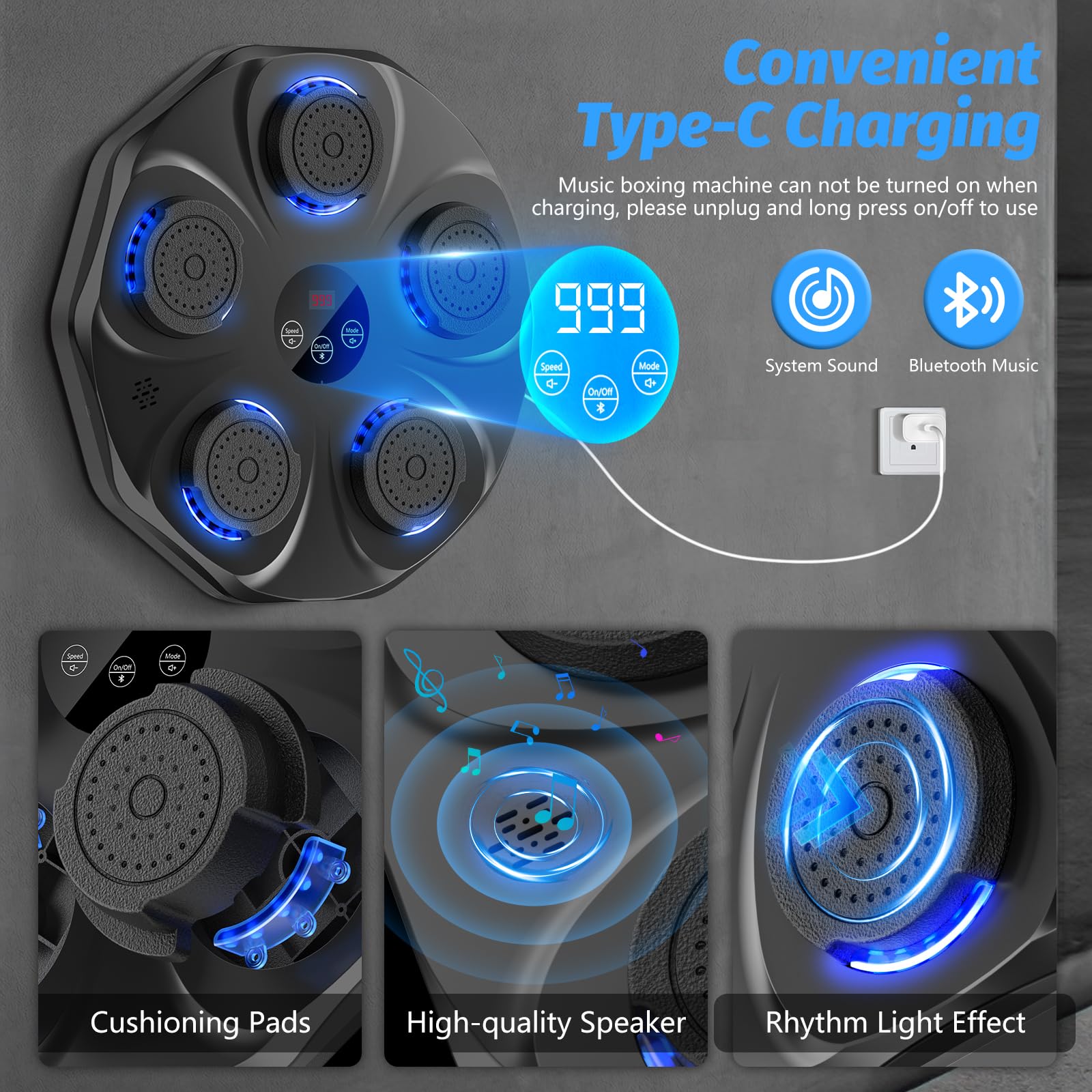 Smart Music Boxing Machine with LED Lights & Bluetooth – Wall-Mounted Interactive Punch Trainer, 9 Modes & 9 Speeds, Includes Gloves for Home Gym Workout (Black) - Image 3