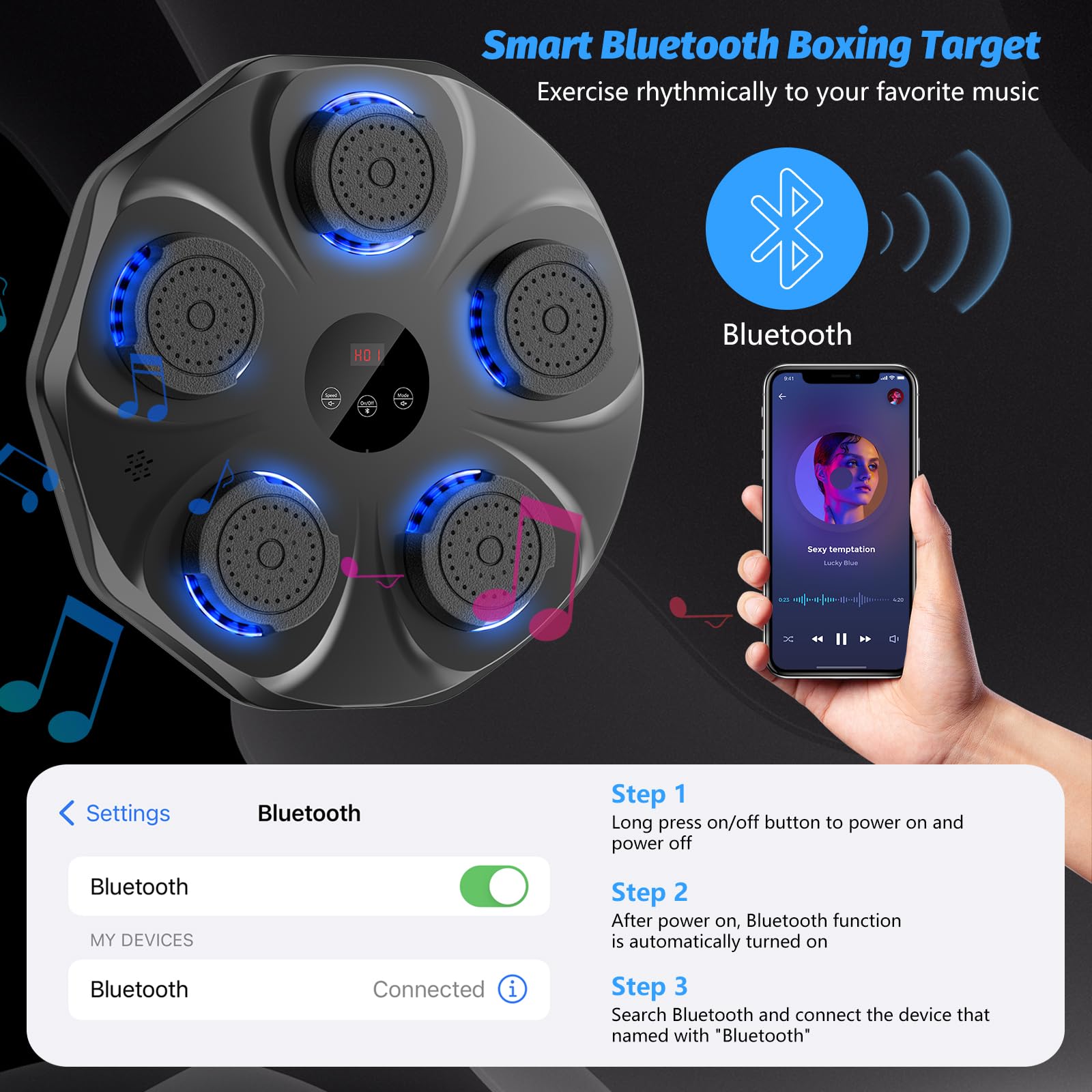 Smart Music Boxing Machine with LED Lights & Bluetooth – Wall-Mounted Interactive Punch Trainer, 9 Modes & 9 Speeds, Includes Gloves for Home Gym Workout (Black) - Image 4