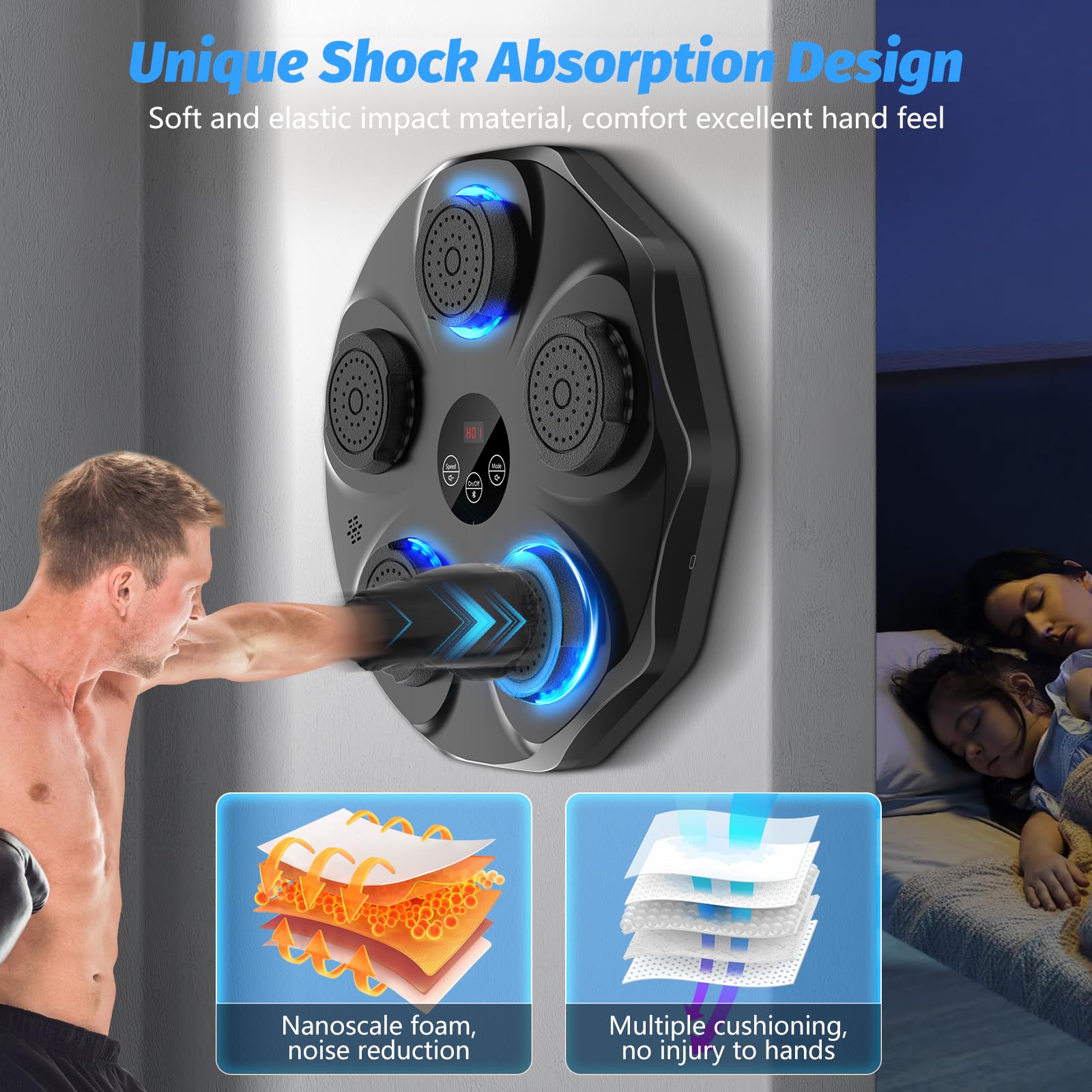 Smart Music Boxing Machine with LED Lights & Bluetooth – Wall-Mounted Interactive Punch Trainer, 9 Modes & 9 Speeds, Includes Gloves for Home Gym Workout (Black) - Image 5