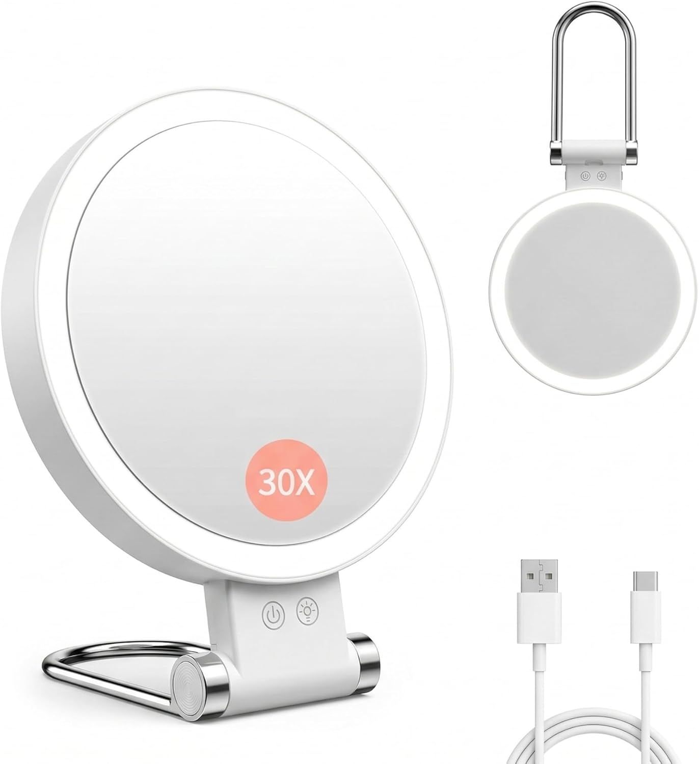 Dual-Sided LED Makeup Mirror with 1X & 30X Magnification, 3 Color Temperature Lights, Touch Controls, Rechargeable Battery, Foldable Stand, Portable Design for Desk, Travel, and Hanging Use (White) - Image 1