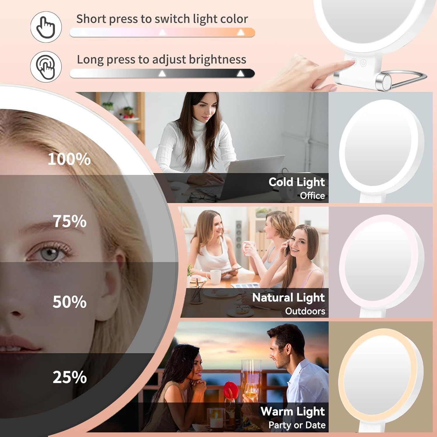 Dual-Sided LED Makeup Mirror with 1X & 30X Magnification, 3 Color Temperature Lights, Touch Controls, Rechargeable Battery, Foldable Stand, Portable Design for Desk, Travel, and Hanging Use (White) - Image 3