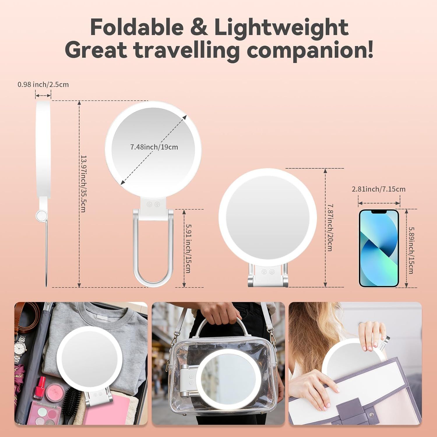 Dual-Sided LED Makeup Mirror with 1X & 30X Magnification, 3 Color Temperature Lights, Touch Controls, Rechargeable Battery, Foldable Stand, Portable Design for Desk, Travel, and Hanging Use (White) - Image 4