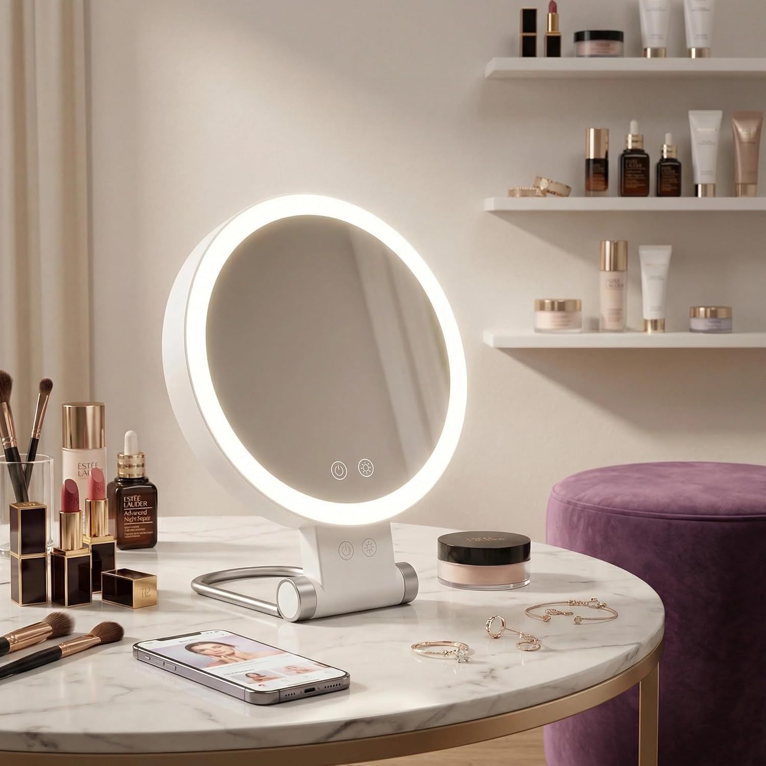 Dual-Sided LED Makeup Mirror with 1X & 30X Magnification, 3 Color Temperature Lights, Touch Controls, Rechargeable Battery, Foldable Stand, Portable Design for Desk, Travel, and Hanging Use (White) - Image 8
