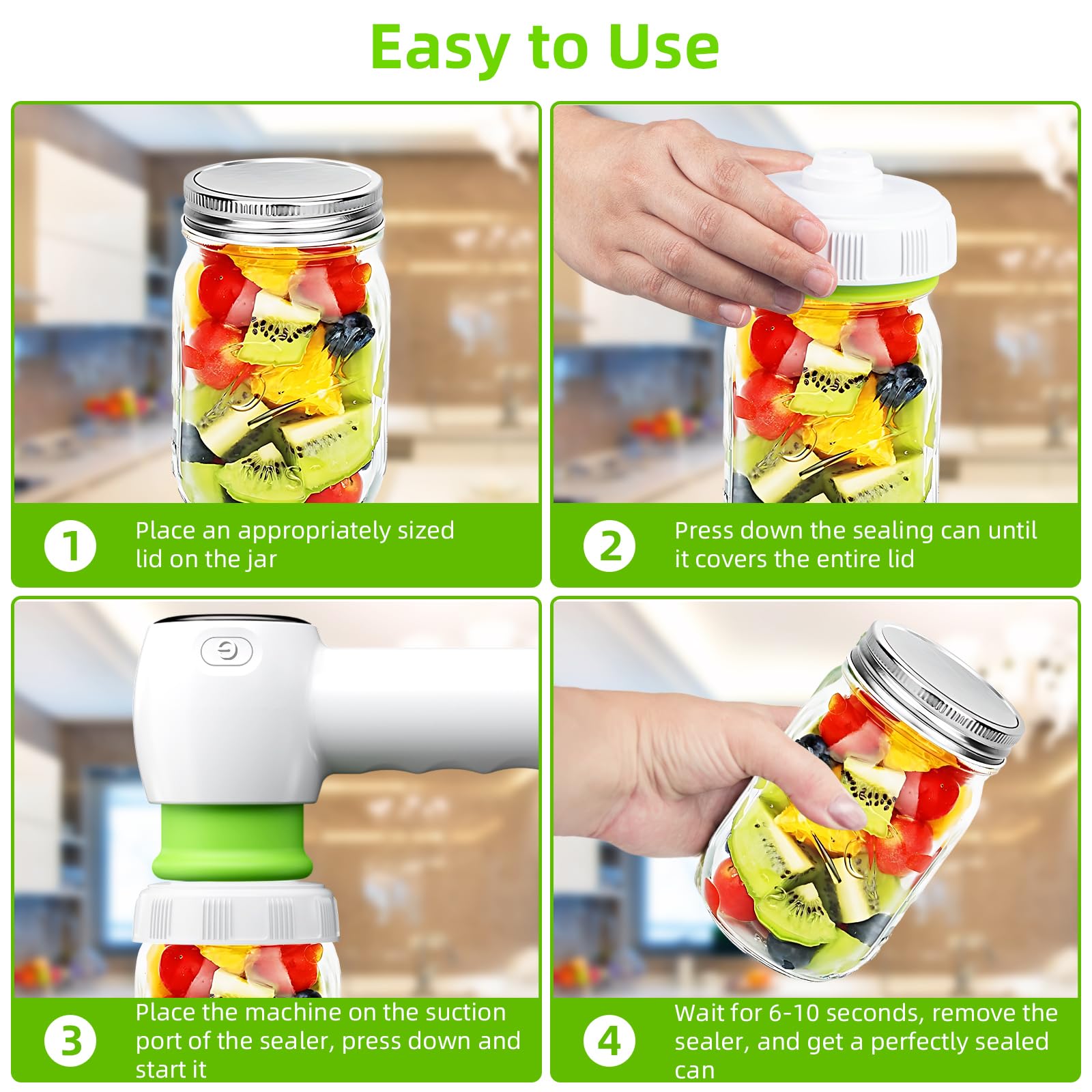 Green Electric Vacuum Sealer Kit – Portable Mason Jar & Bag Sealing Machine with Digital Display, USB Rechargeable, One-Touch Operation | Ideal for Home, Camping, Travel - Image 6