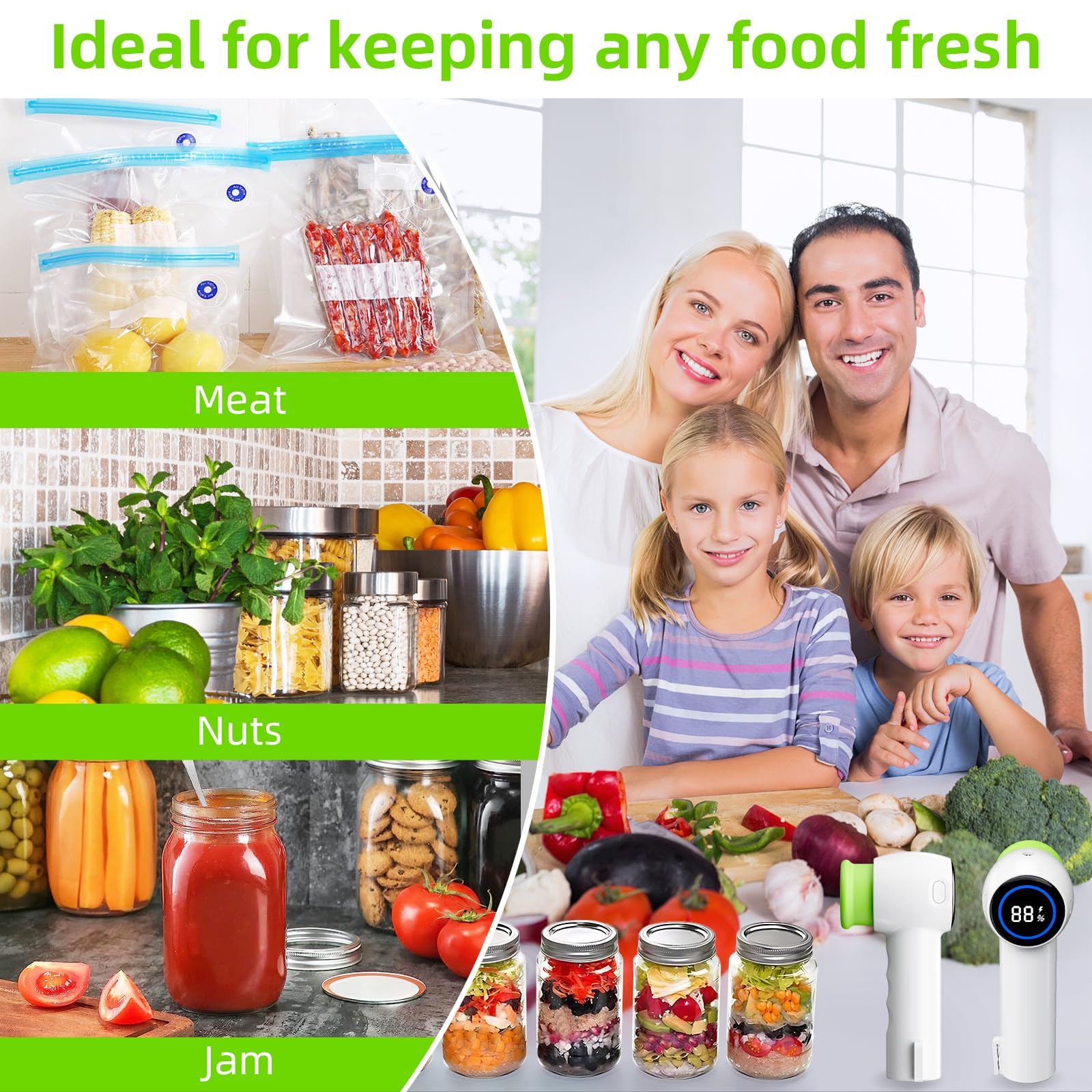 Green Electric Vacuum Sealer Kit – Portable Mason Jar & Bag Sealing Machine with Digital Display, USB Rechargeable, One-Touch Operation | Ideal for Home, Camping, Travel - Image 7