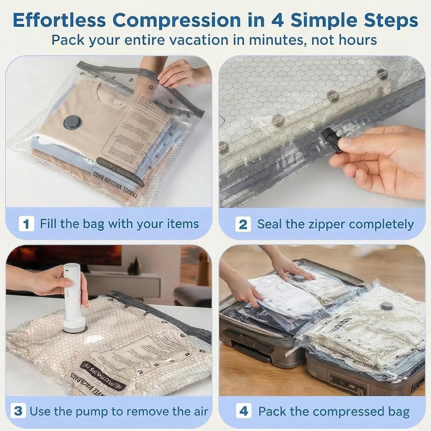 Travel Vacuum Bag Set with Rechargeable Cordless Pump – 3 Sizes for Clothes, Jackets & Accessories, Airtight Dual-Zipper Seal, 4000Pa Suction, Saves Up to 80% Luggage Space, Lightweight & Portable (18 Combo Travel Size) - Image 8