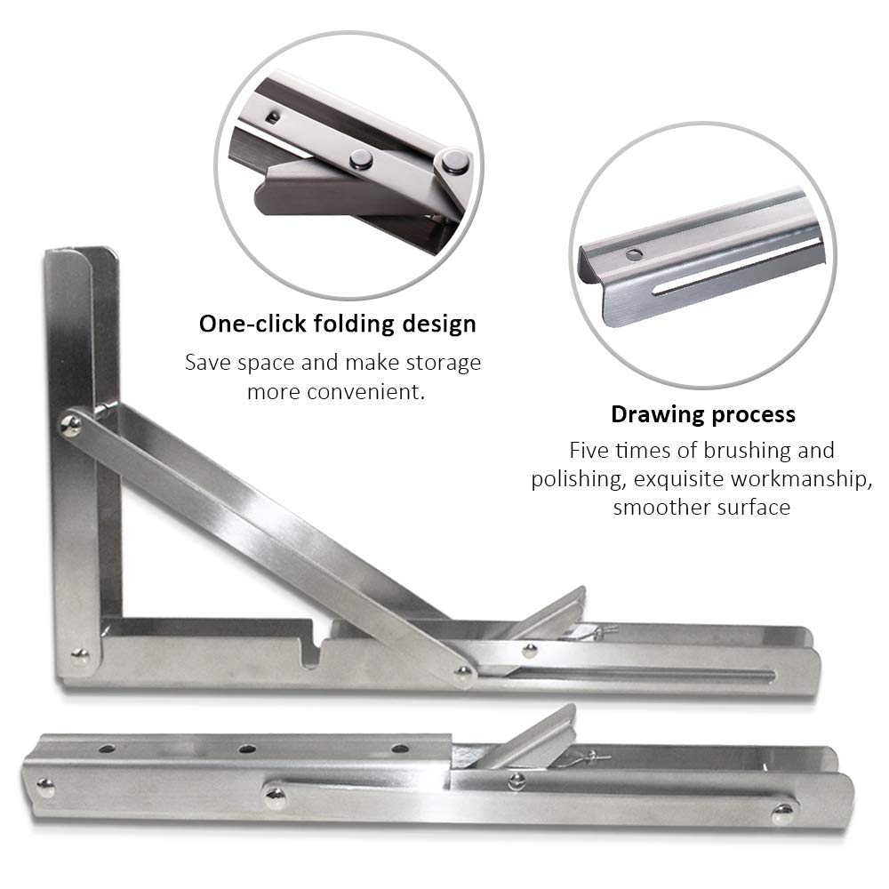 Heavy-Duty Foldable Wall Shelf Brackets – 2-Pack 304 Stainless Steel Triangular Supports with One-Click Release, 550 lb Capacity Each, for Kitchen, Garage, RV & Home; Includes Mounting Hardware (14Inch,Silver) - Image 4