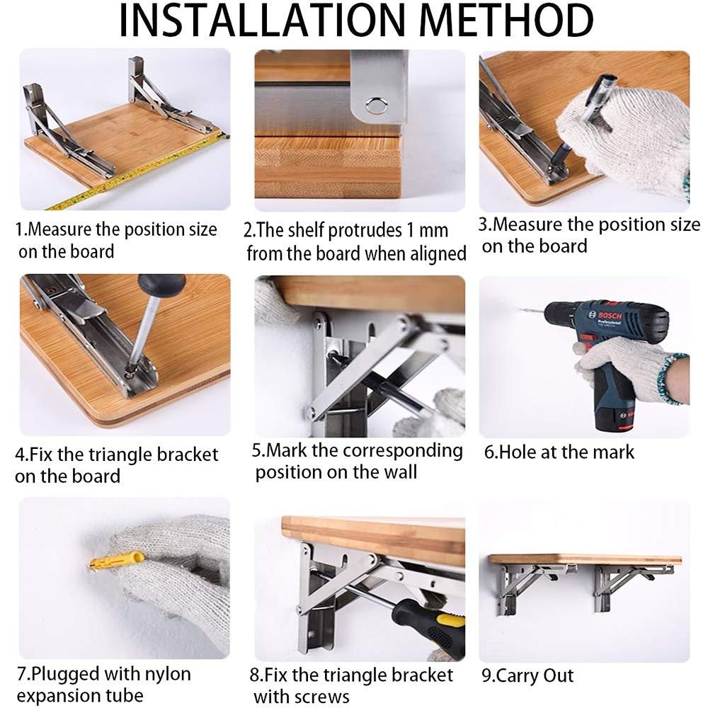 Heavy-Duty Foldable Wall Shelf Brackets – 2-Pack 304 Stainless Steel Triangular Supports with One-Click Release, 550 lb Capacity Each, for Kitchen, Garage, RV & Home; Includes Mounting Hardware (16Inch,Silver) - Image 7