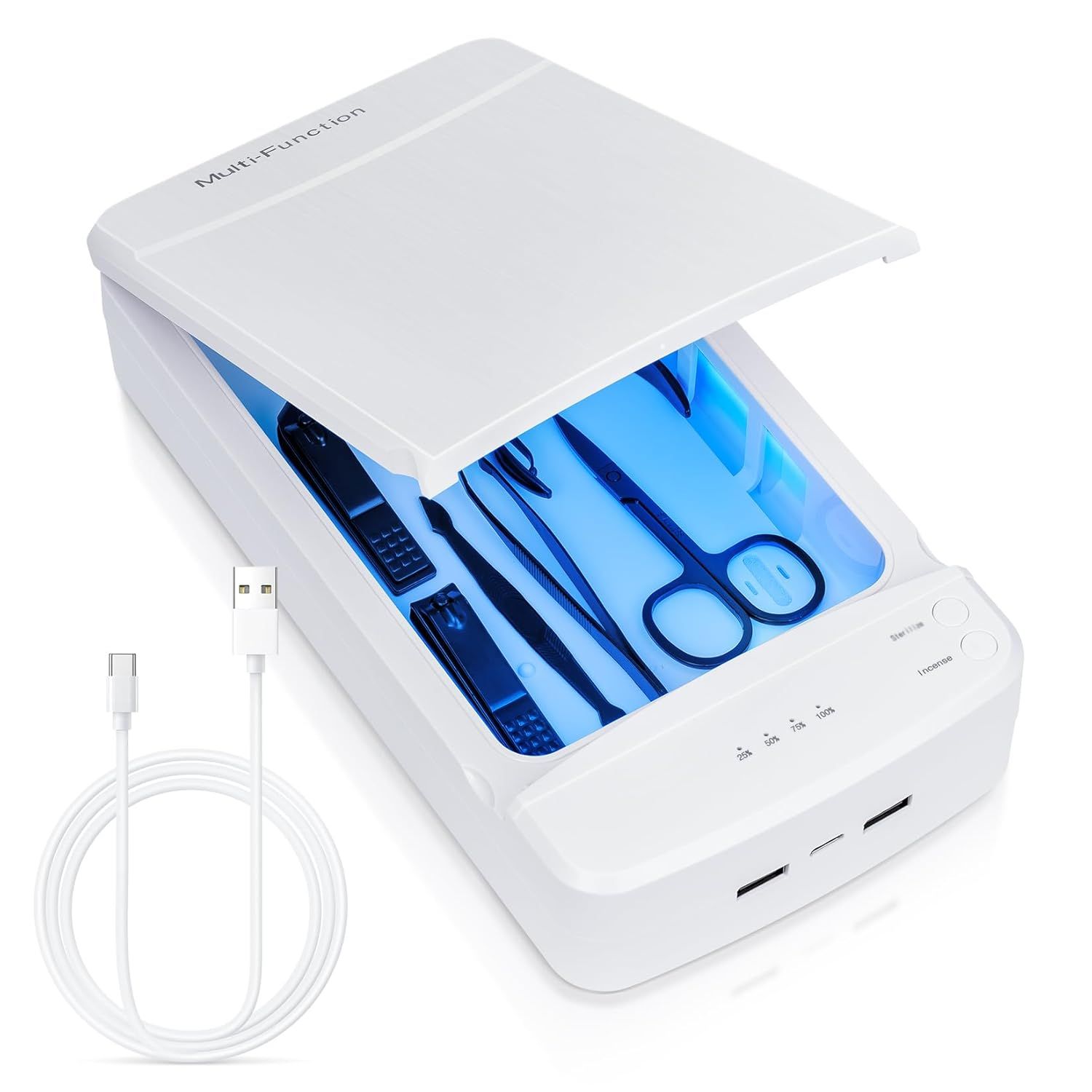 Multi-Function UV Sterilizer Box with Blue LED Light – 99.9% Germ Elimination, Dual Sterilize & Aromatherapy Modes, USB-C + Dual USB-A Ports, 3–5 Min Quick Sanitizing, for Nail Tools, Makeup Brushes, Jewelry, Phones, Keys (White) - Image 1