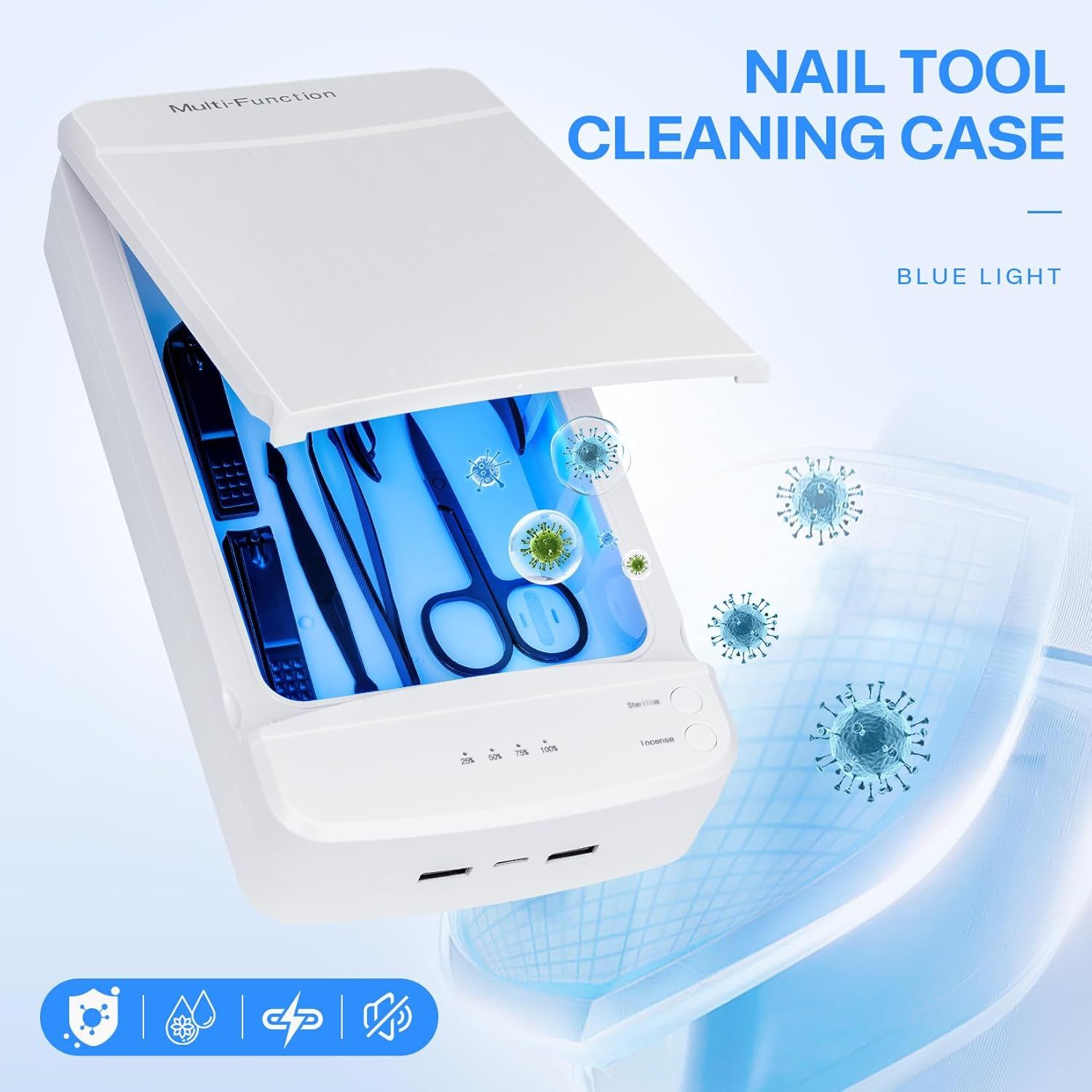 Multi-Function UV Sterilizer Box with Blue LED Light – 99.9% Germ Elimination, Dual Sterilize & Aromatherapy Modes, USB-C + Dual USB-A Ports, 3–5 Min Quick Sanitizing, for Nail Tools, Makeup Brushes, Jewelry, Phones, Keys (White) - Image 2