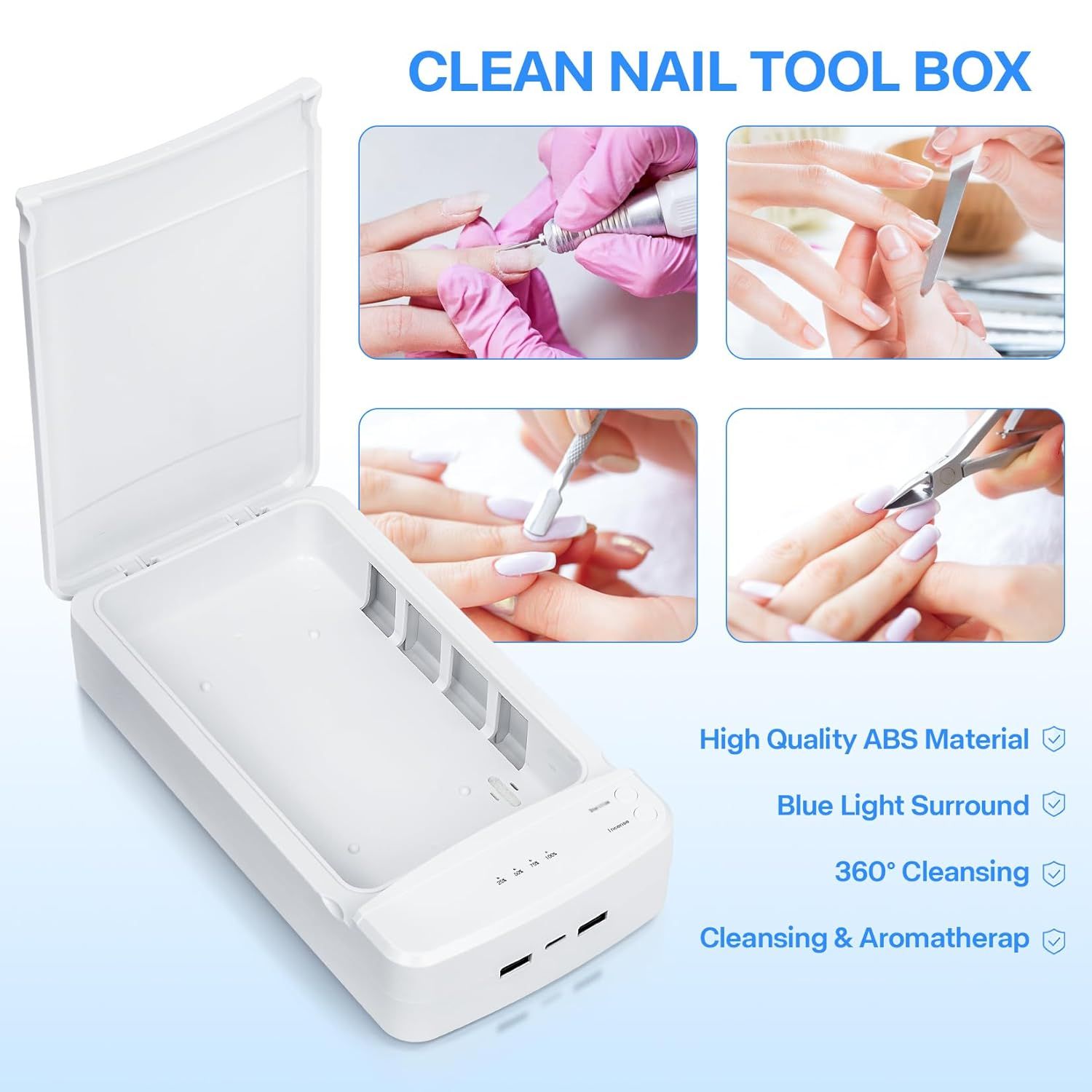 Multi-Function UV Sterilizer Box with Blue LED Light – 99.9% Germ Elimination, Dual Sterilize & Aromatherapy Modes, USB-C + Dual USB-A Ports, 3–5 Min Quick Sanitizing, for Nail Tools, Makeup Brushes, Jewelry, Phones, Keys (White) - Image 3