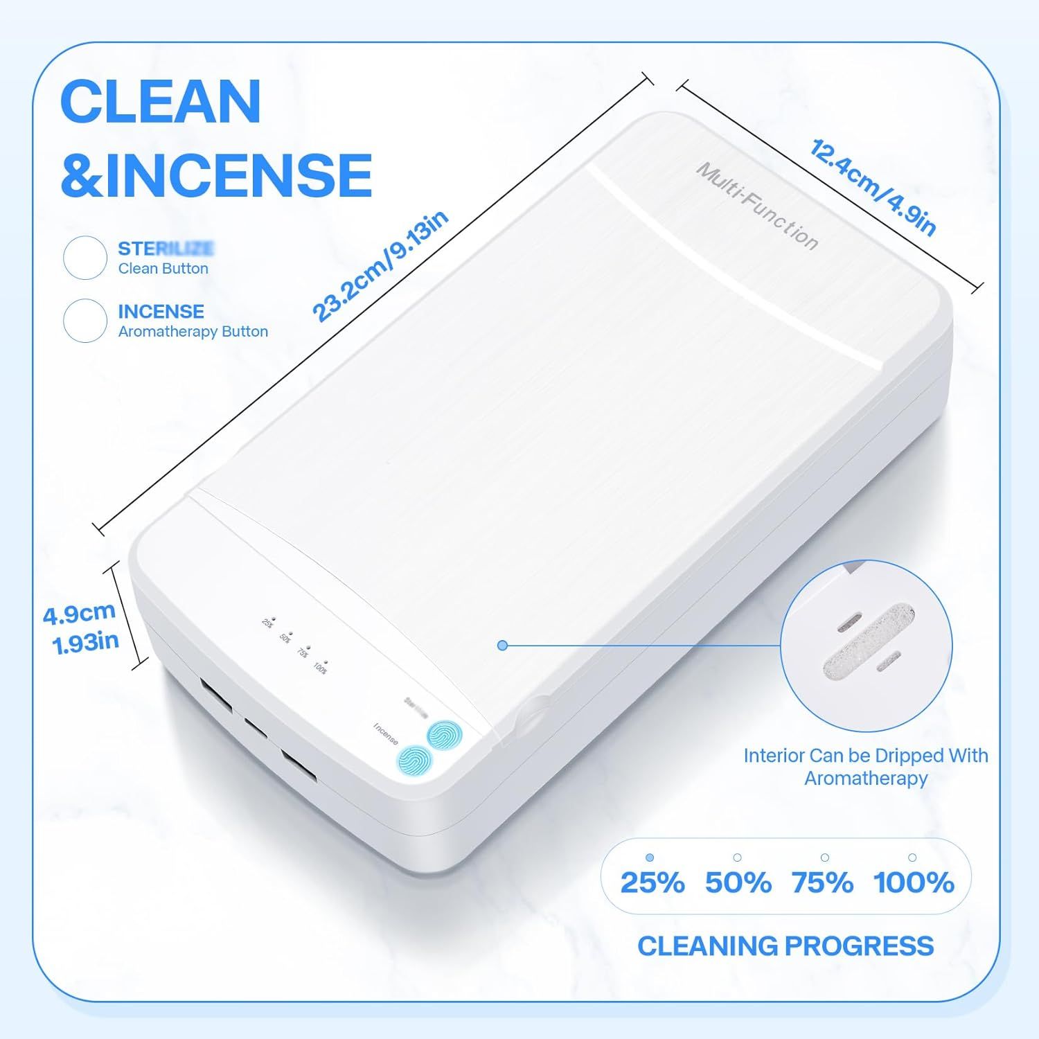 Multi-Function UV Sterilizer Box with Blue LED Light – 99.9% Germ Elimination, Dual Sterilize & Aromatherapy Modes, USB-C + Dual USB-A Ports, 3–5 Min Quick Sanitizing, for Nail Tools, Makeup Brushes, Jewelry, Phones, Keys (White) - Image 5