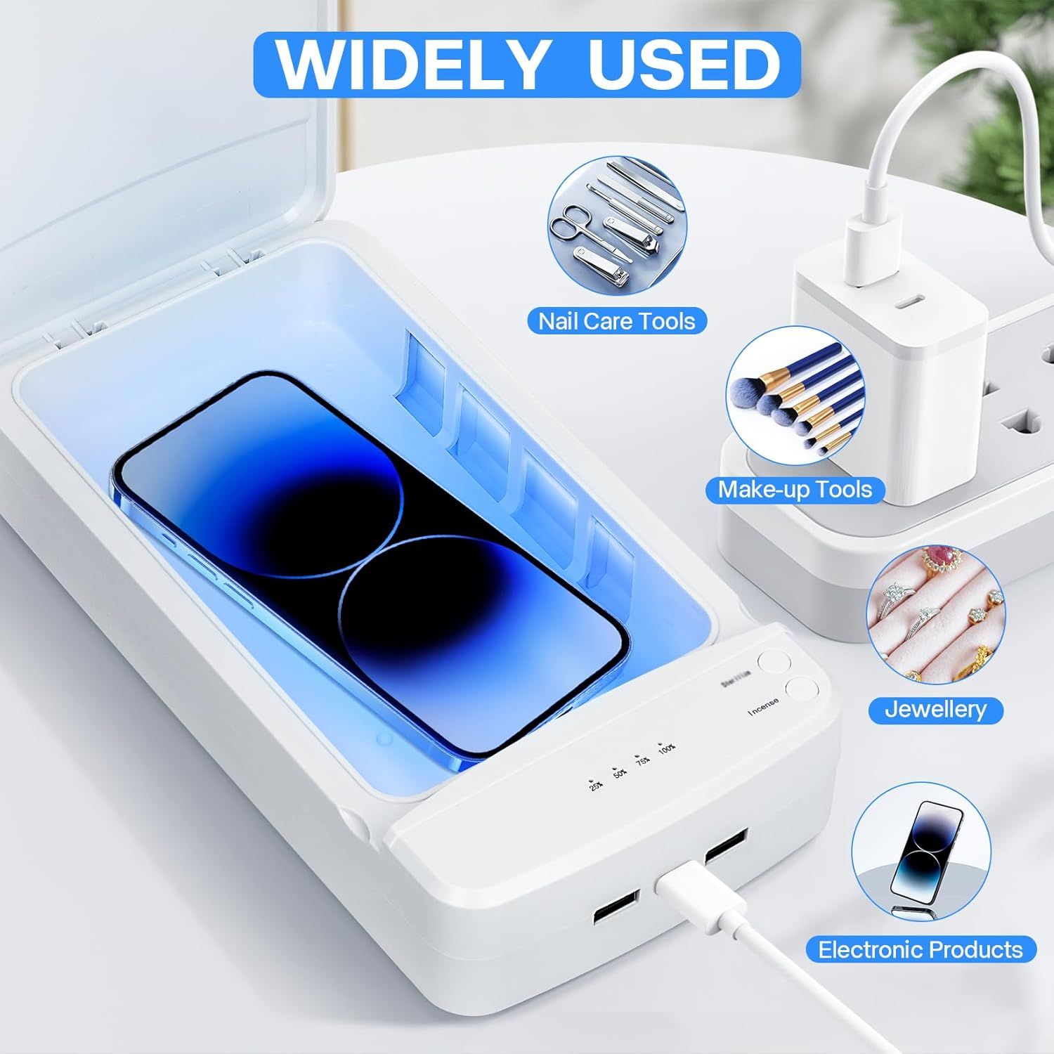 Multi-Function UV Sterilizer Box with Blue LED Light – 99.9% Germ Elimination, Dual Sterilize & Aromatherapy Modes, USB-C + Dual USB-A Ports, 3–5 Min Quick Sanitizing, for Nail Tools, Makeup Brushes, Jewelry, Phones, Keys (White) - Image 7