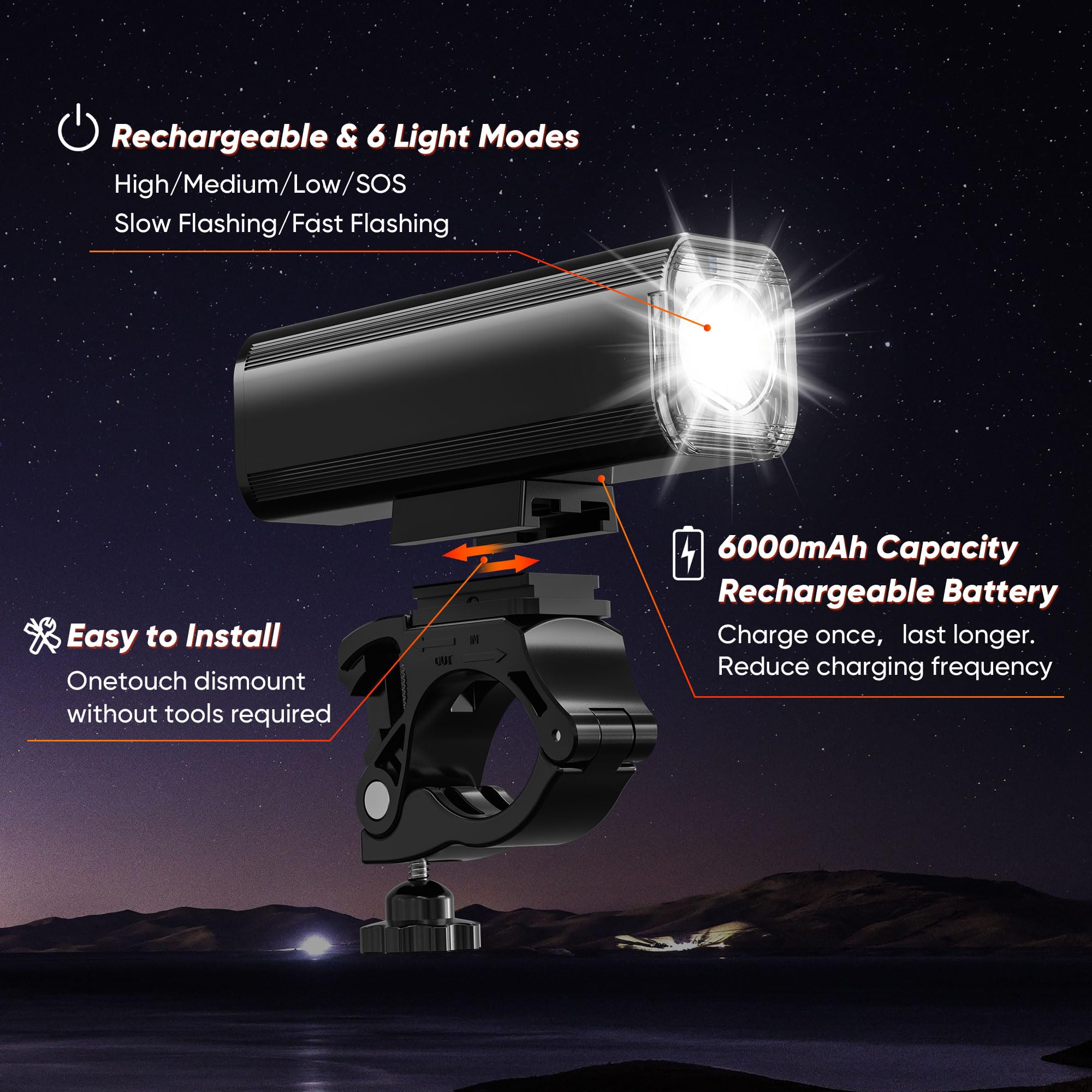Ultra-Bright 1200 Lumen Bike Light Set with USB Rechargeable Headlight & Tail Light – IP65 Waterproof Cycling Lamp for Night Riding (Black) - Image 3