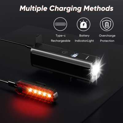 Ultra-Bright 1200 Lumen Bike Light Set with USB Rechargeable Headlight & Tail Light – IP65 Waterproof Cycling Lamp for Night Riding (Black) - Image 5