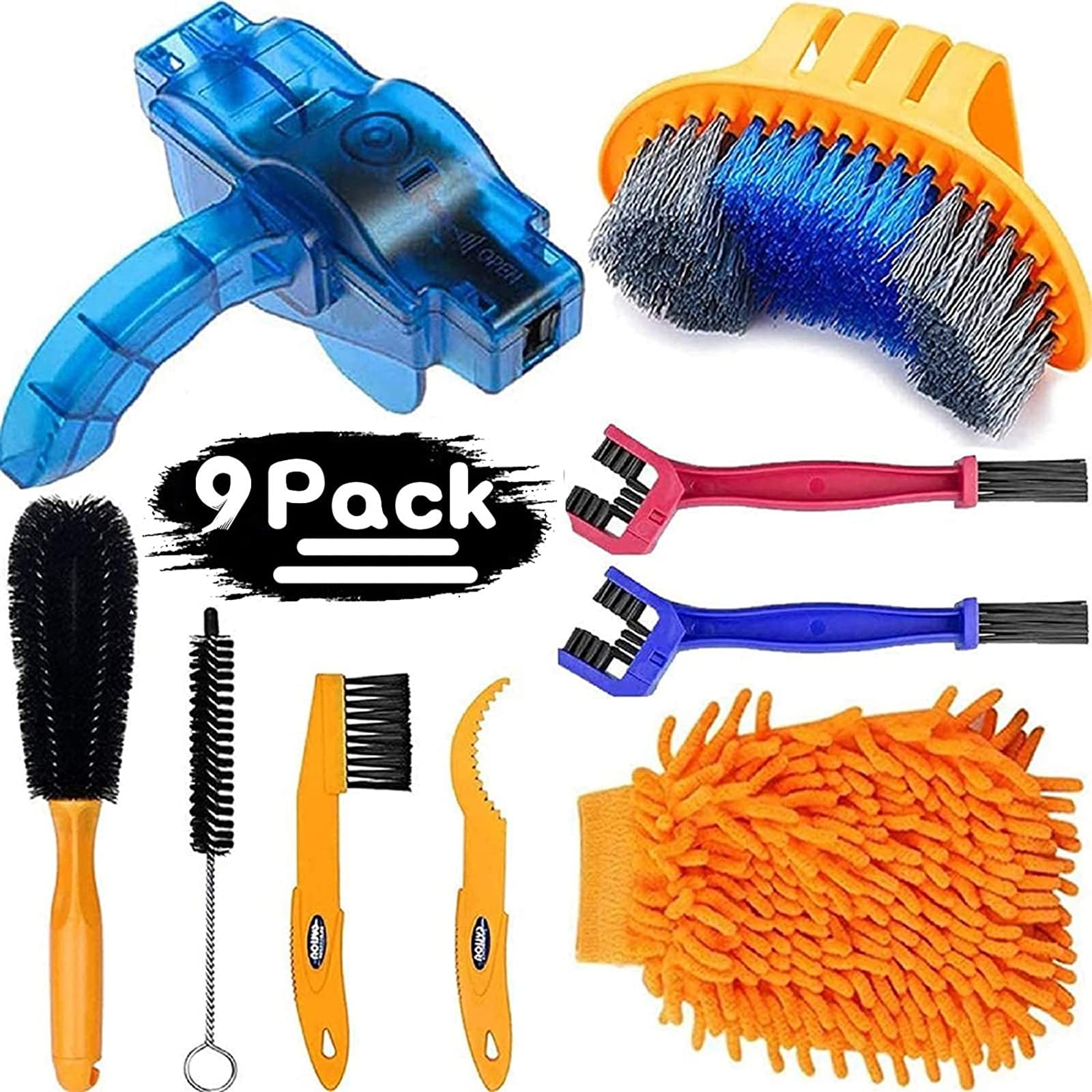 9-Piece Bike Cleaning Kit – Chain Cleaner, Tire Brush, Frame Scrubber, Gear Brush, Microfiber Glove for Mountain, Road, BMX Bikes (Yellow-Orange) - Image 1