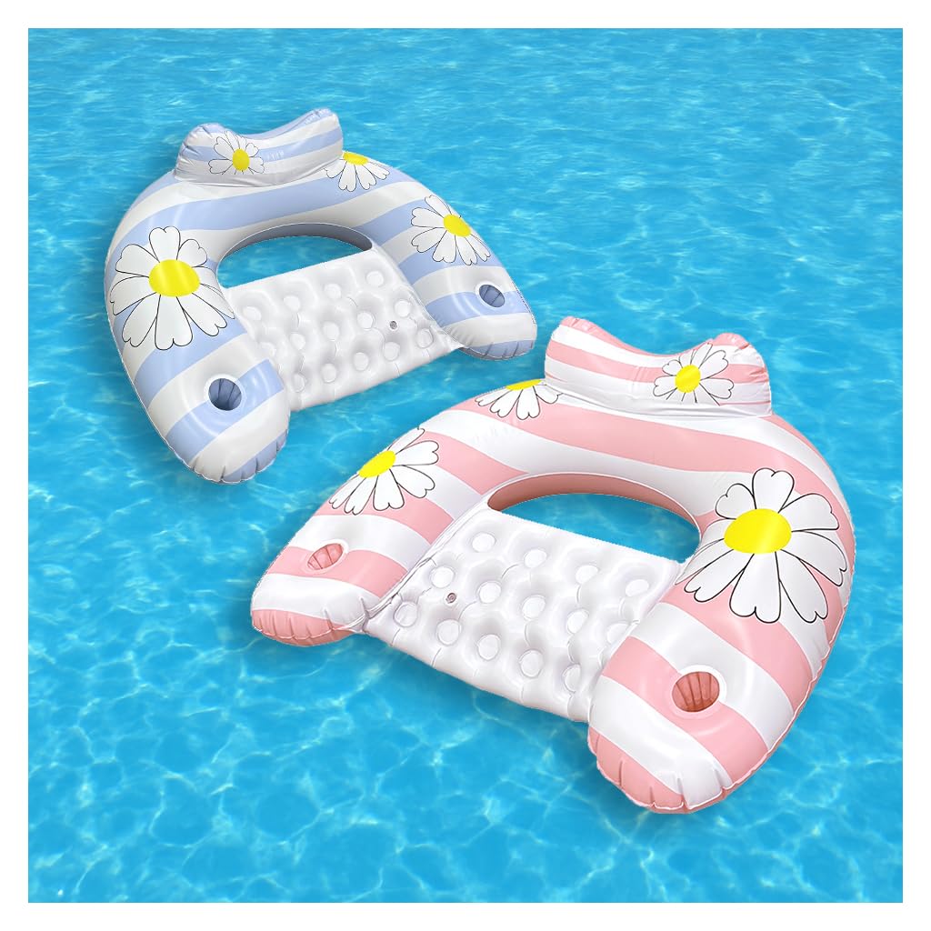 Daisy Inflatable Pool Floats 2-Pack for Adults: U-Shaped Lounge Chairs with Cup Holders, Portable for Pool, Beach, Summer Fun - Image 1