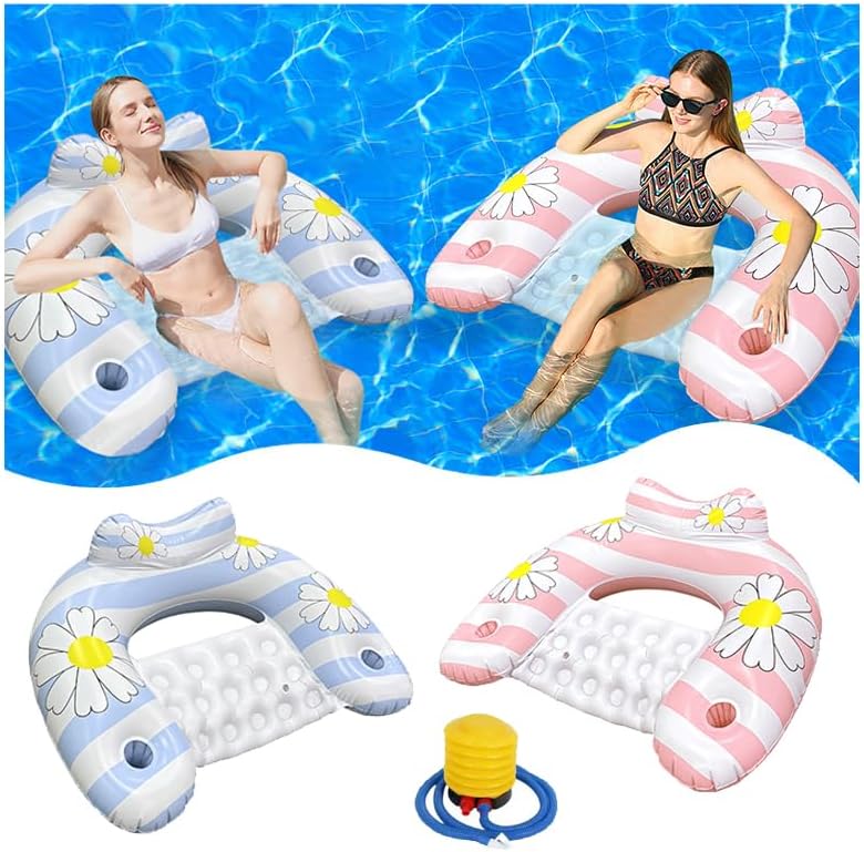 Daisy Inflatable Pool Floats 2-Pack for Adults: U-Shaped Lounge Chairs with Cup Holders, Portable for Pool, Beach, Summer Fun - Image 2