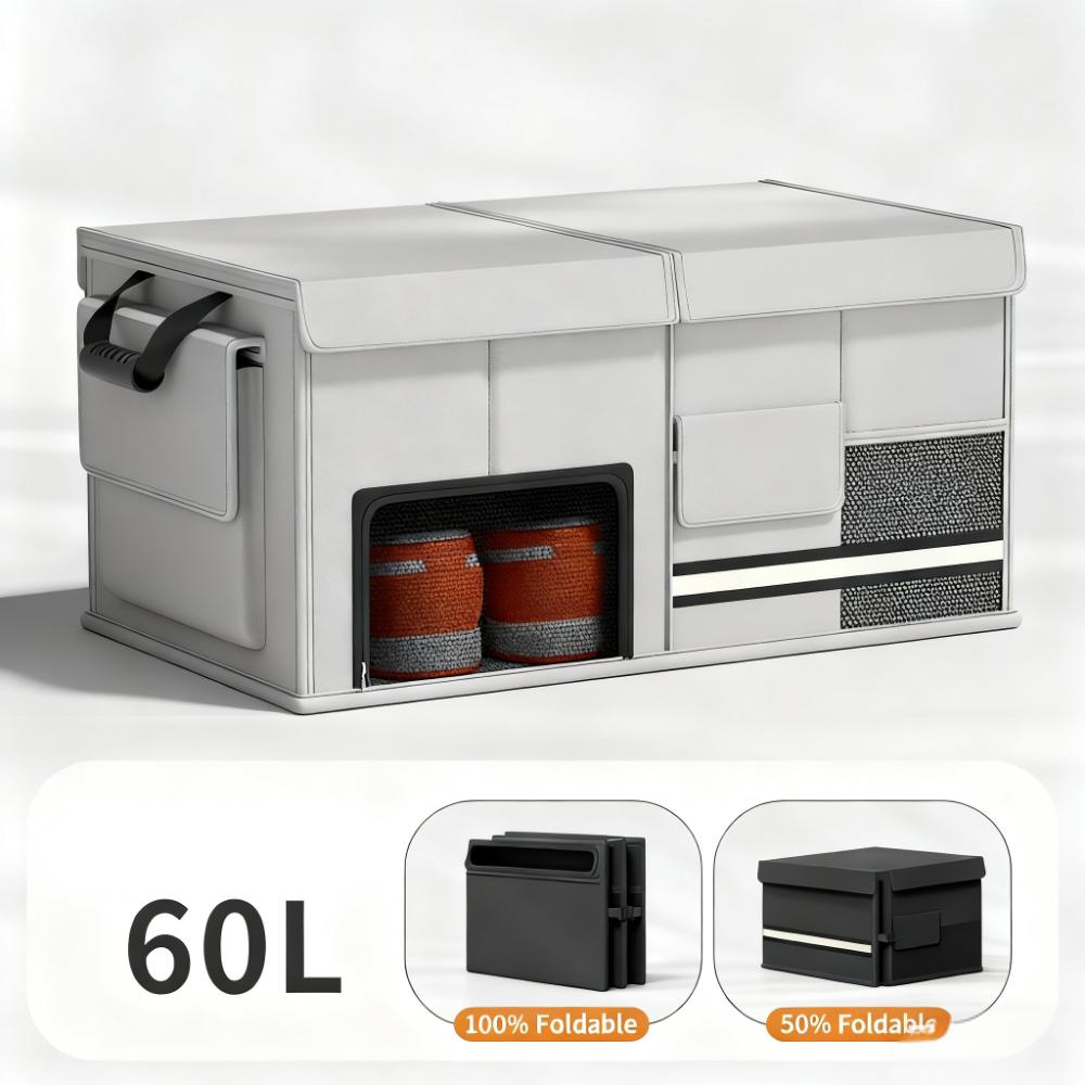Foldable Car Trunk Organiser, 30L/60L Large Capacity Storage Box for Auto Boot, Multi-functional Cargo Container(60L,grey) - Image 1