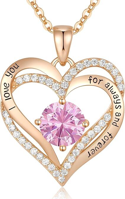 Forever Love Heart Birthstone Necklace: 925 Sterling Silver Personalized Jewelry for Mom, Wife, Friend with 12 Month Stone Options（pink diamond,October） - Image 1