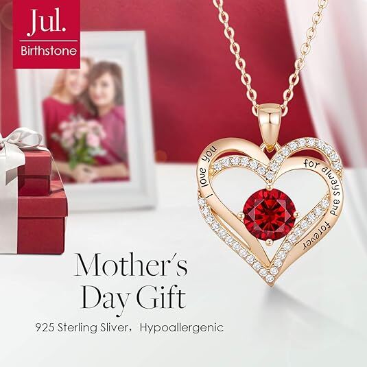 Forever Love Heart Birthstone Necklace: 925 Sterling Silver Personalized Jewelry for Mom, Wife, Friend with 12 Month Stone Options（red diamond,January） - Image 3