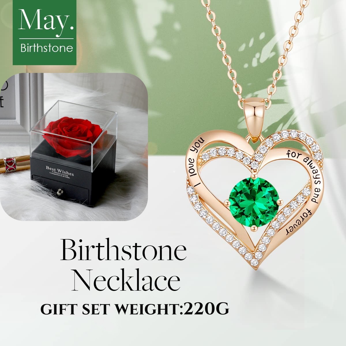 Forever Love Heart Birthstone Necklace: 925 Sterling Silver Personalized Jewelry for Mom, Wife, Friend with 12 Month Stone Options（green diamond,May） - Image 4
