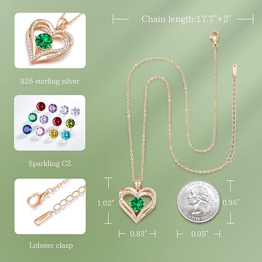 Forever Love Heart Birthstone Necklace: 925 Sterling Silver Personalized Jewelry for Mom, Wife, Friend with 12 Month Stone Options（green diamond,May） - Image 5