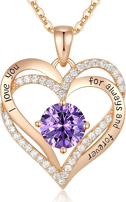 Forever Love Heart Birthstone Necklace: 925 Sterling Silver Personalized Jewelry for Mom, Wife, Friend with 12 Month Stone Options（purple diamond,February） - Image 1
