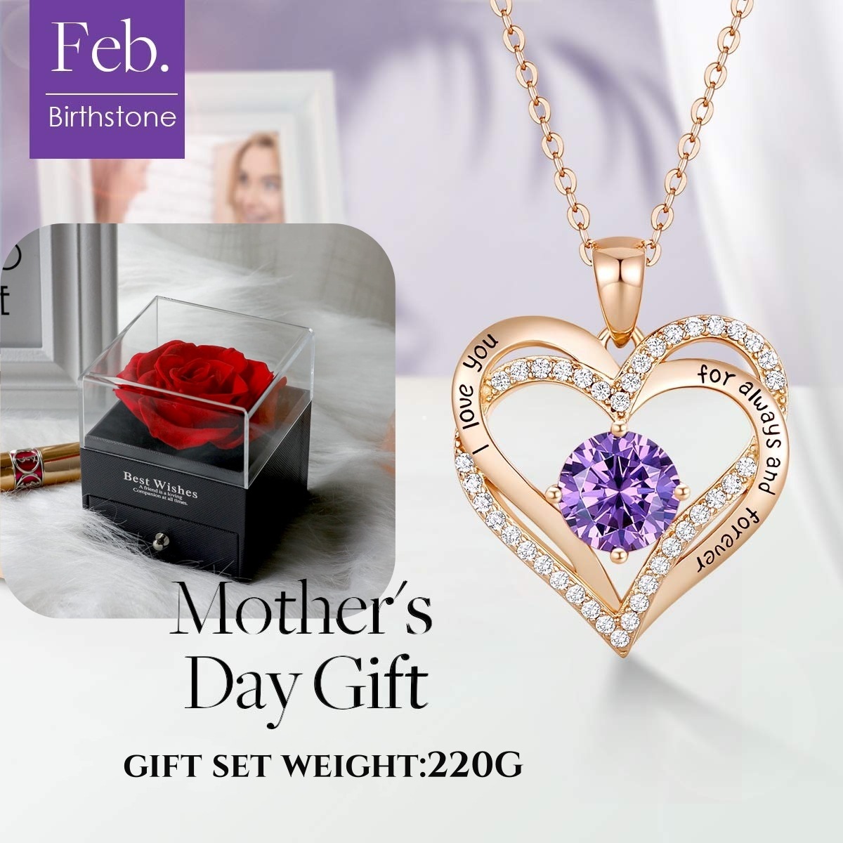 Forever Love Heart Birthstone Necklace: 925 Sterling Silver Personalized Jewelry for Mom, Wife, Friend with 12 Month Stone Options（purple diamond,February） - Image 4