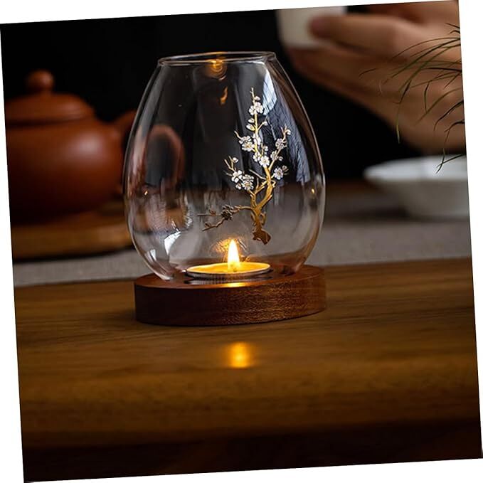 Chinese-Style Glass Candle Holder with Plum Blossom Design: 12×8cm, Windproof, Retro Zen Decor for Romantic Dinners & Home Ambiance - Image 1