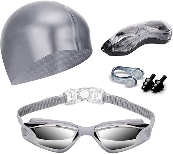 Gray Swim Goggles Set with Cap, Nose Clip, Earplugs & Case: Anti-Fog UV Protection for Men & Women - Image 1